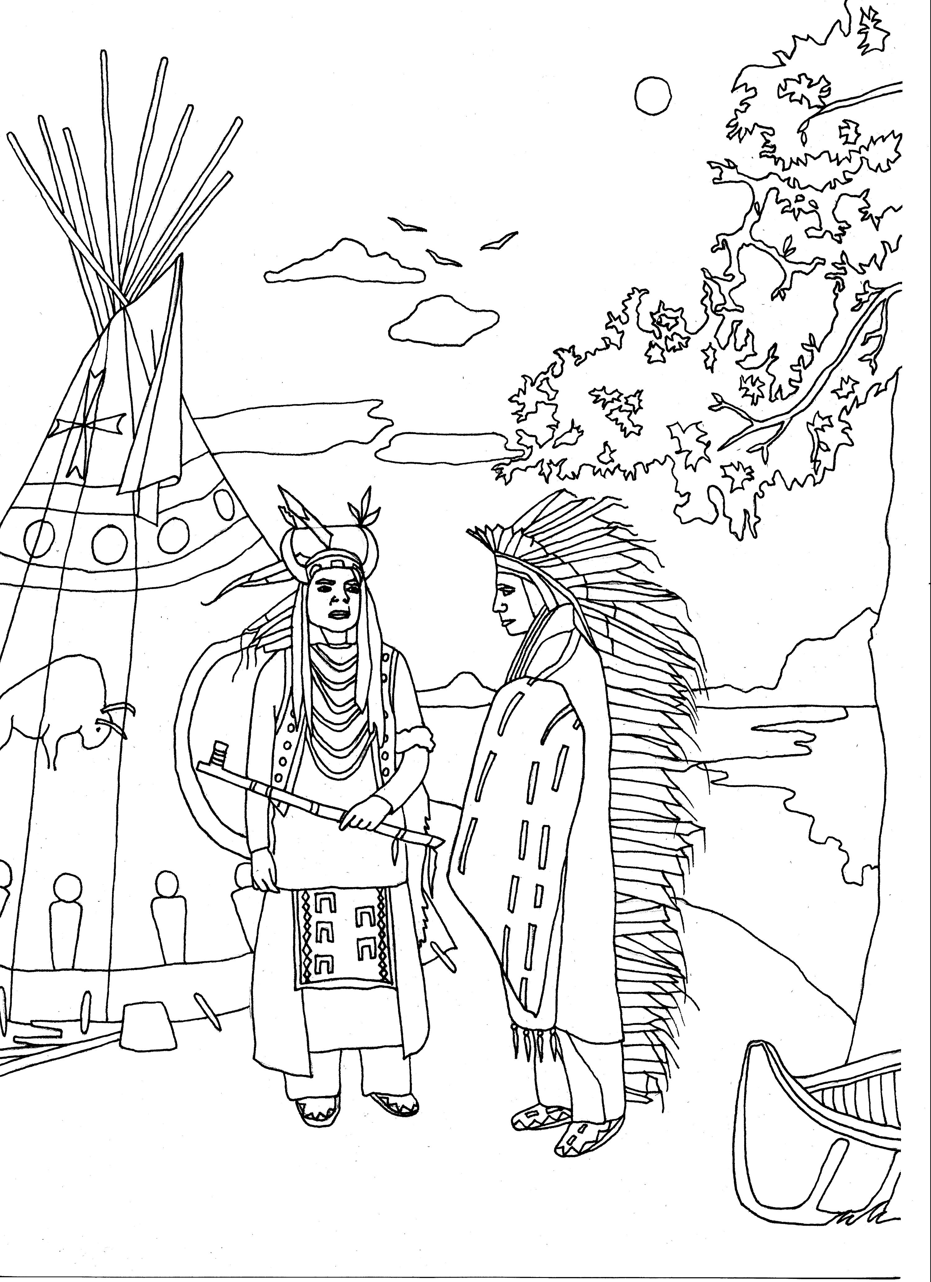 Coloriage original de deux Indiens d'Amérique en tenue traditionnel, devant un tipi
