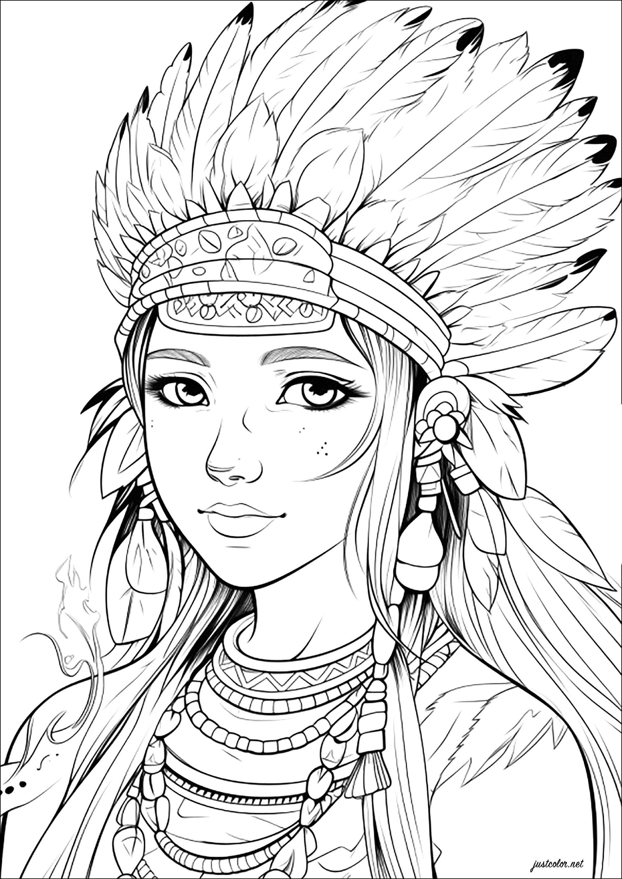Jeune femme avec une coiffe d'Indiens d'Amérique. Imaginez qu'il s'agit de la fille du chef d'une tribu d'Indiens d'Amérique, et c'est parti pour un excellent moment de coloriage