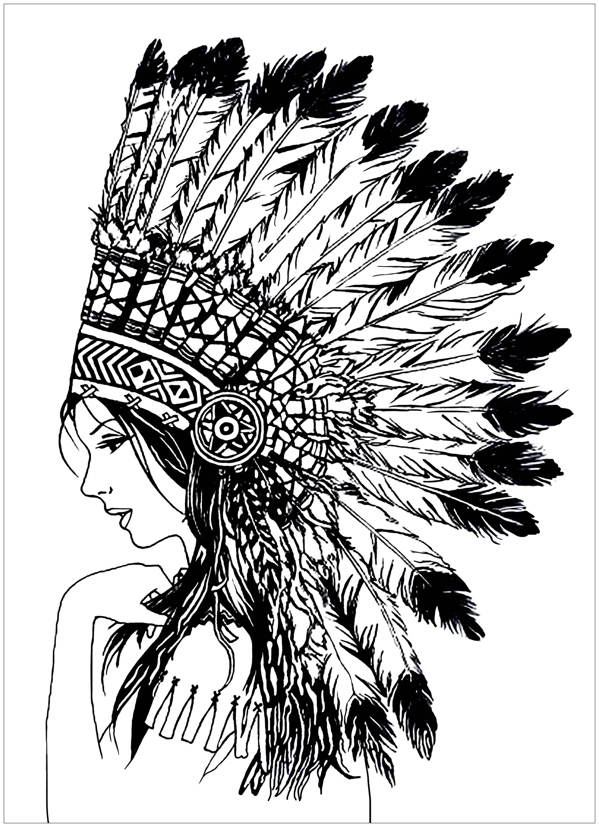 Jolie indienne (Coloriage d'Indiens d’Amérique à imprimer pour adultes)