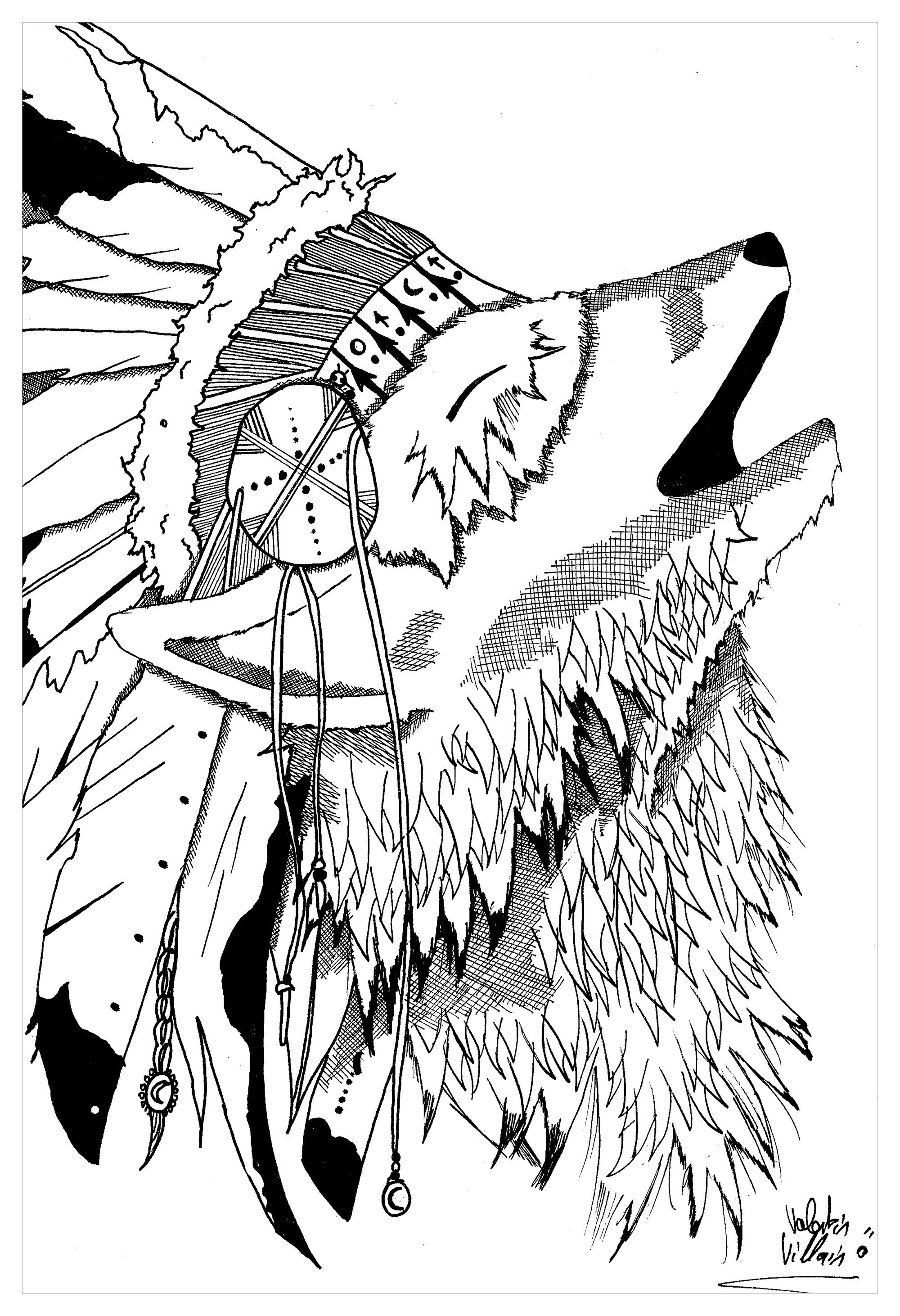 coloriage d'un loup portant une coiffe indienne, Artiste : Valentin