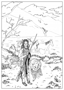 Coloriage d'Indiens d'Amérique à imprimer pour adultes : Grand chef Indien et ses chevaux