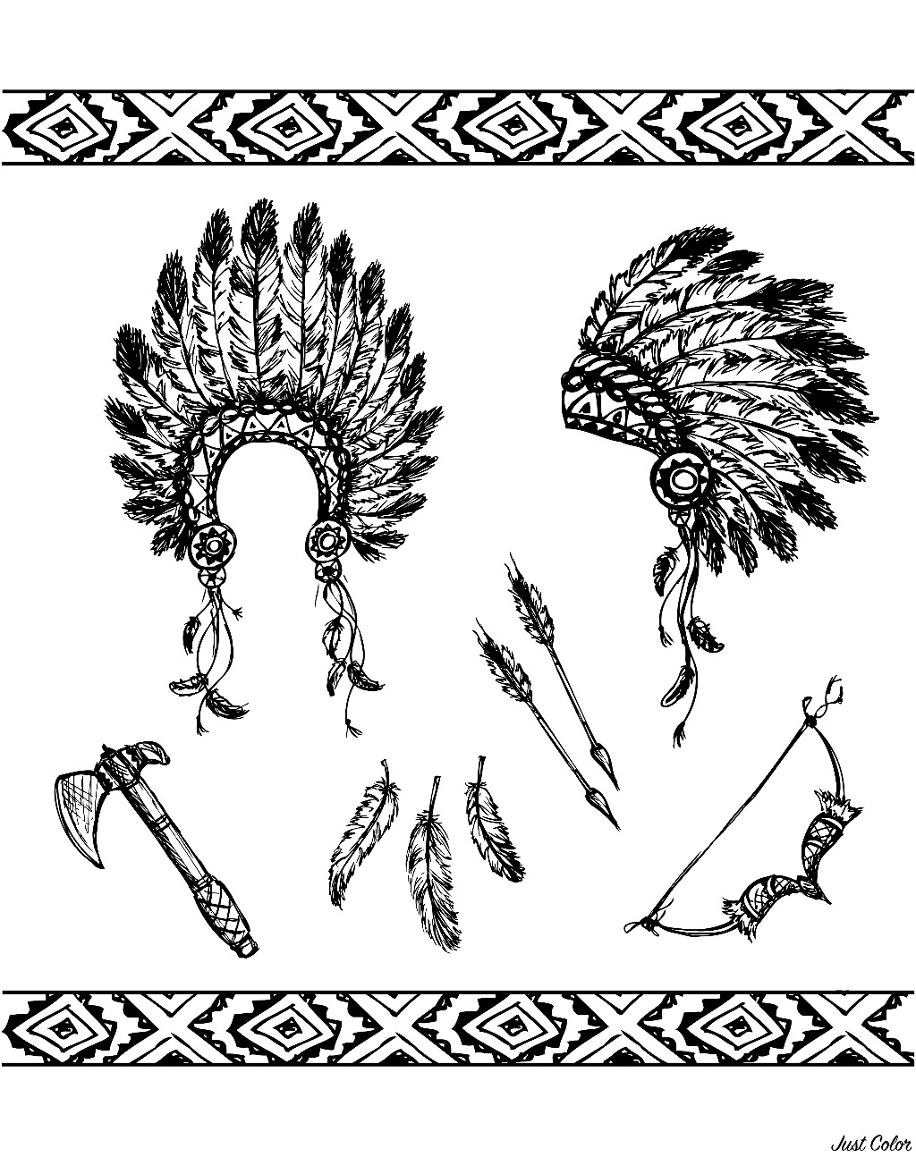 Les symboles des Indiens : la coiffe à plumes, la hache, l'archer et les flèches ...