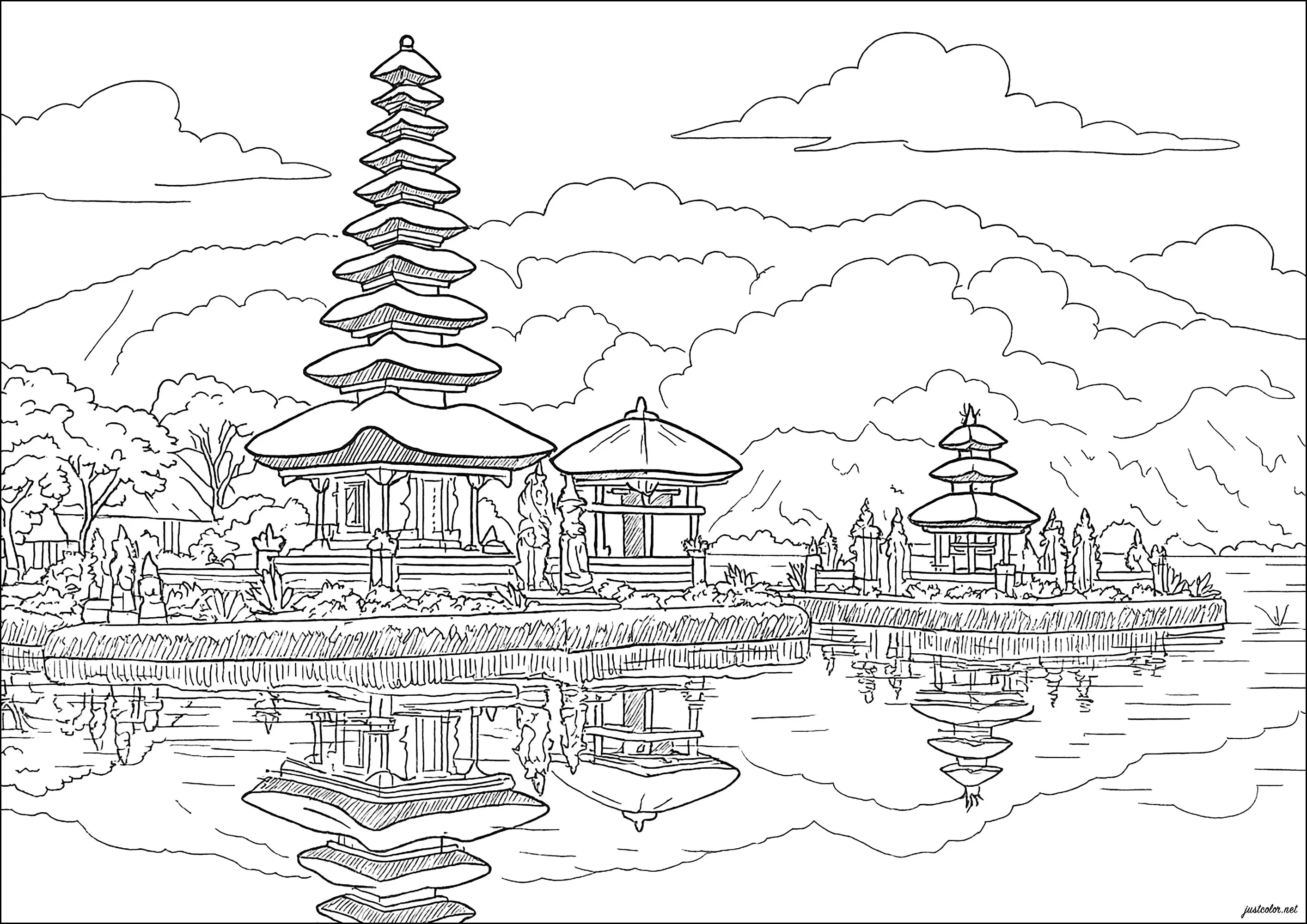 Bali : paysage avec Meru (Coloriage d'Indonésie à imprimer pour adultes)