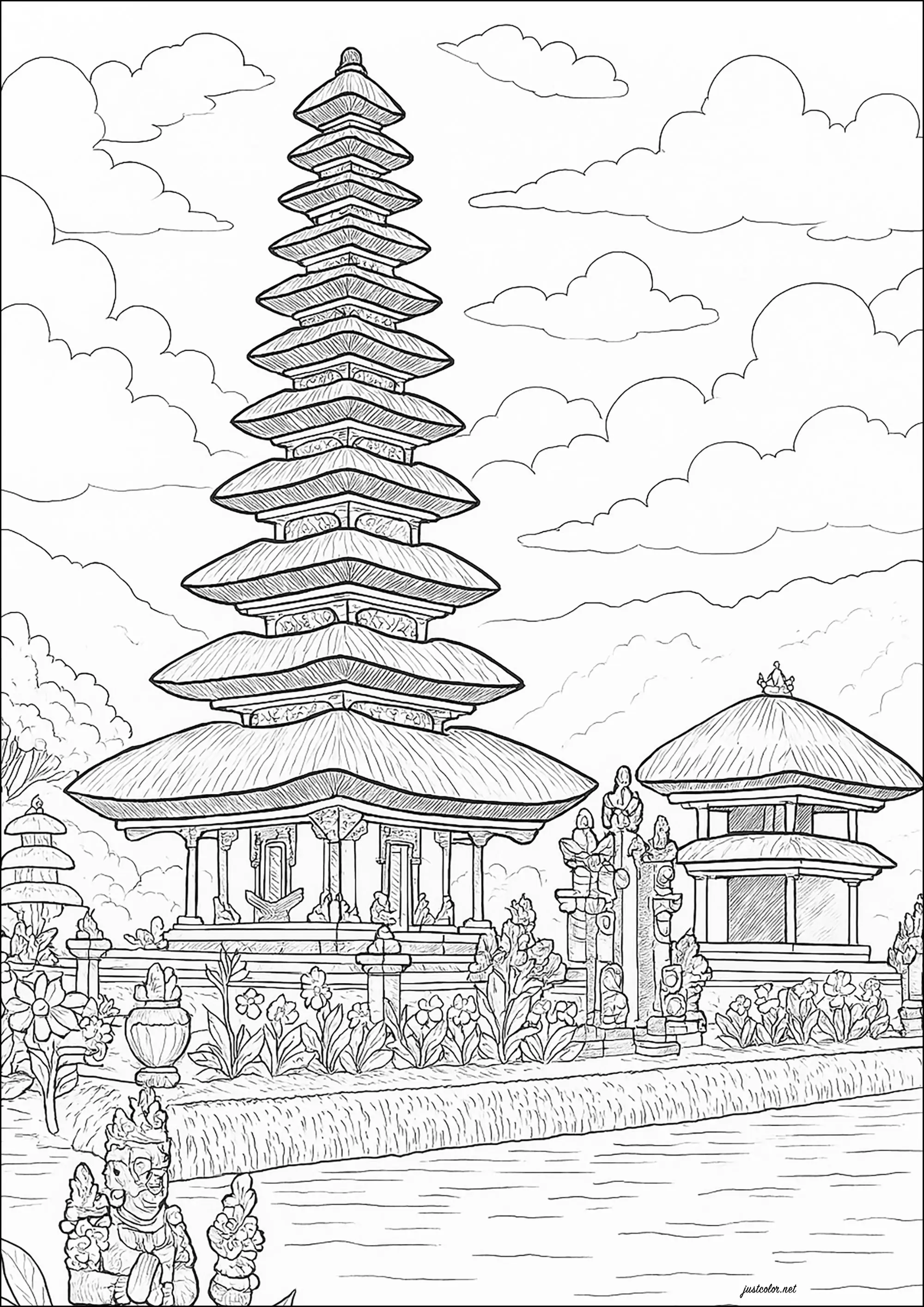 Meru de Bali (Temple à toits étagés) (Coloriage d'Indonésie à imprimer pour adultes)