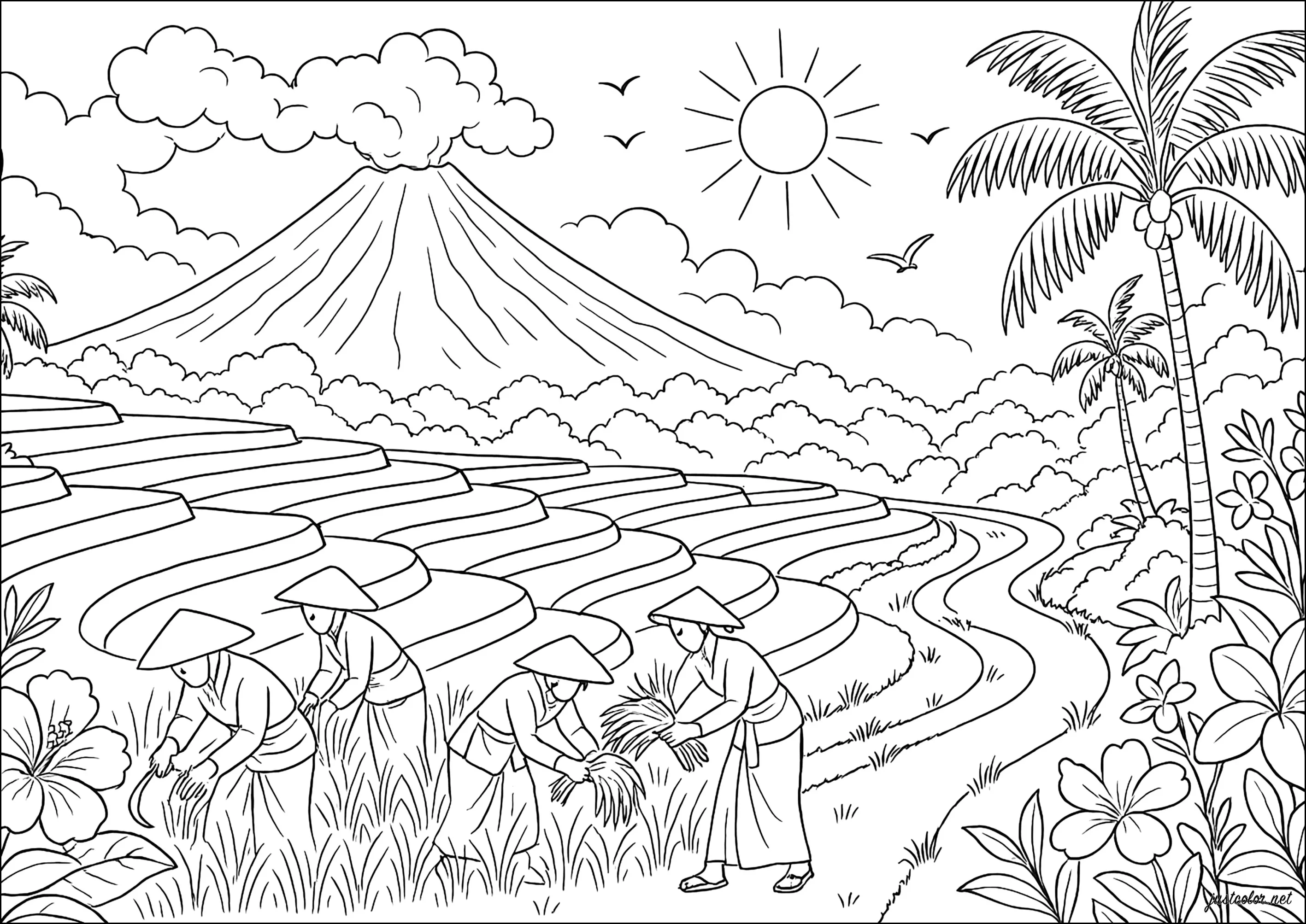 Paysage balinais serein (Coloriage d'Indonésie à imprimer pour adultes)