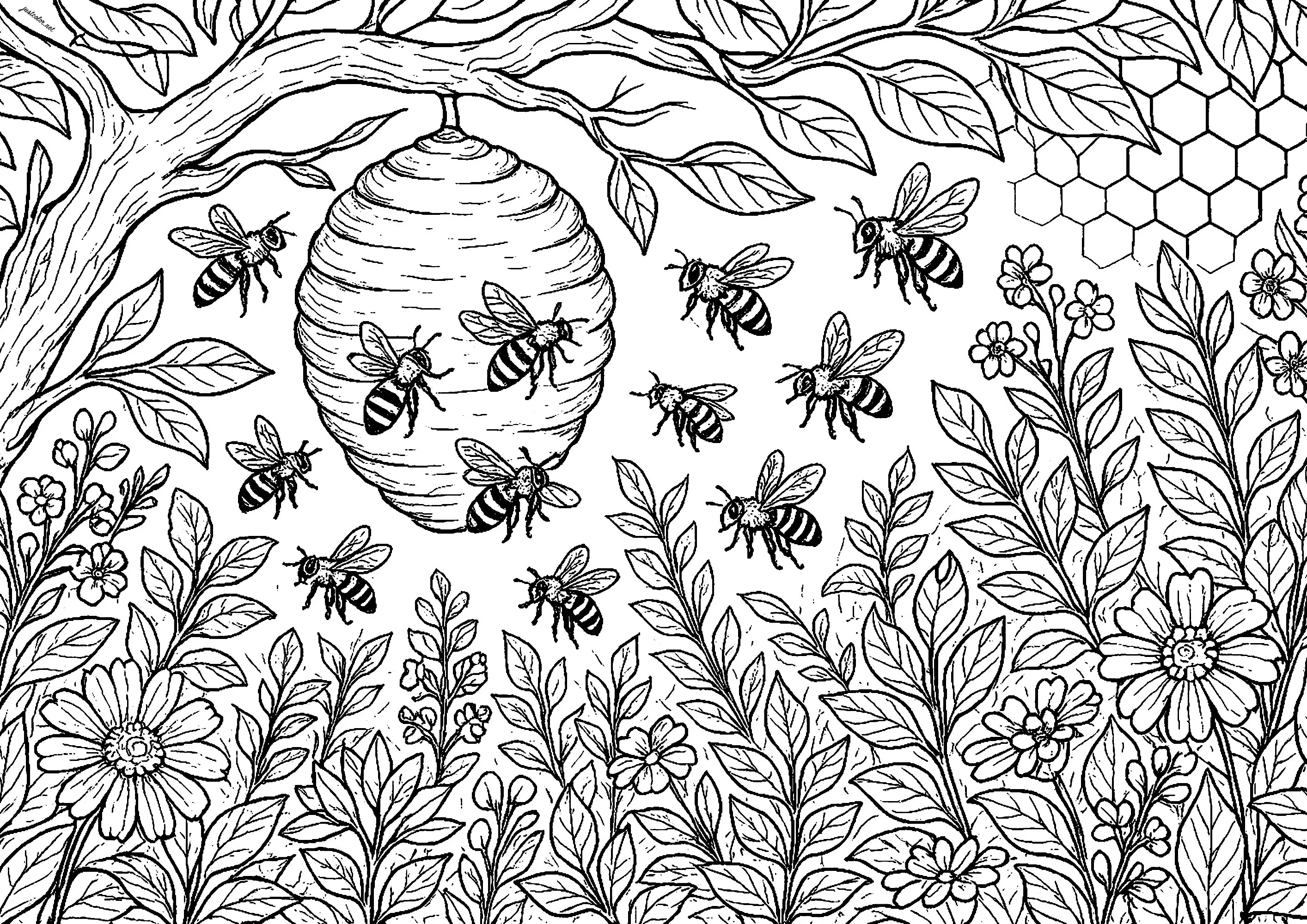 Abeilles de retour à la ruche (Coloriage de Papillons & insectes à imprimer pour adultes)