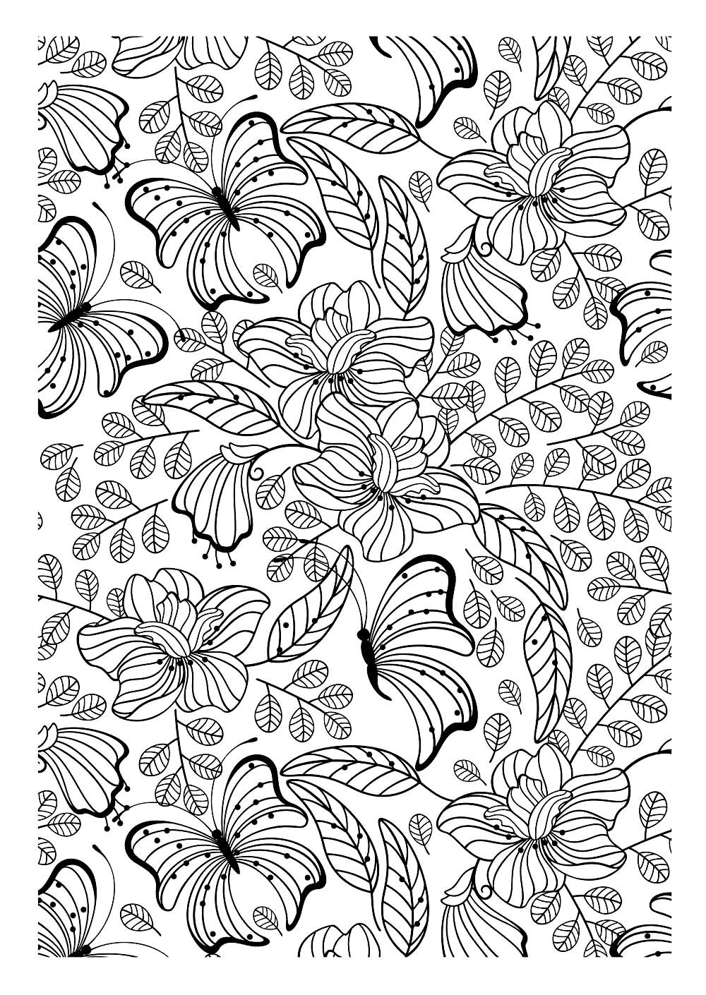 Encore une image à imprimer et colorier remplie de jolies feuilles, fleurs et papillons, qui constitue à coup sûr un coloriage adulte intéressant à réaliser