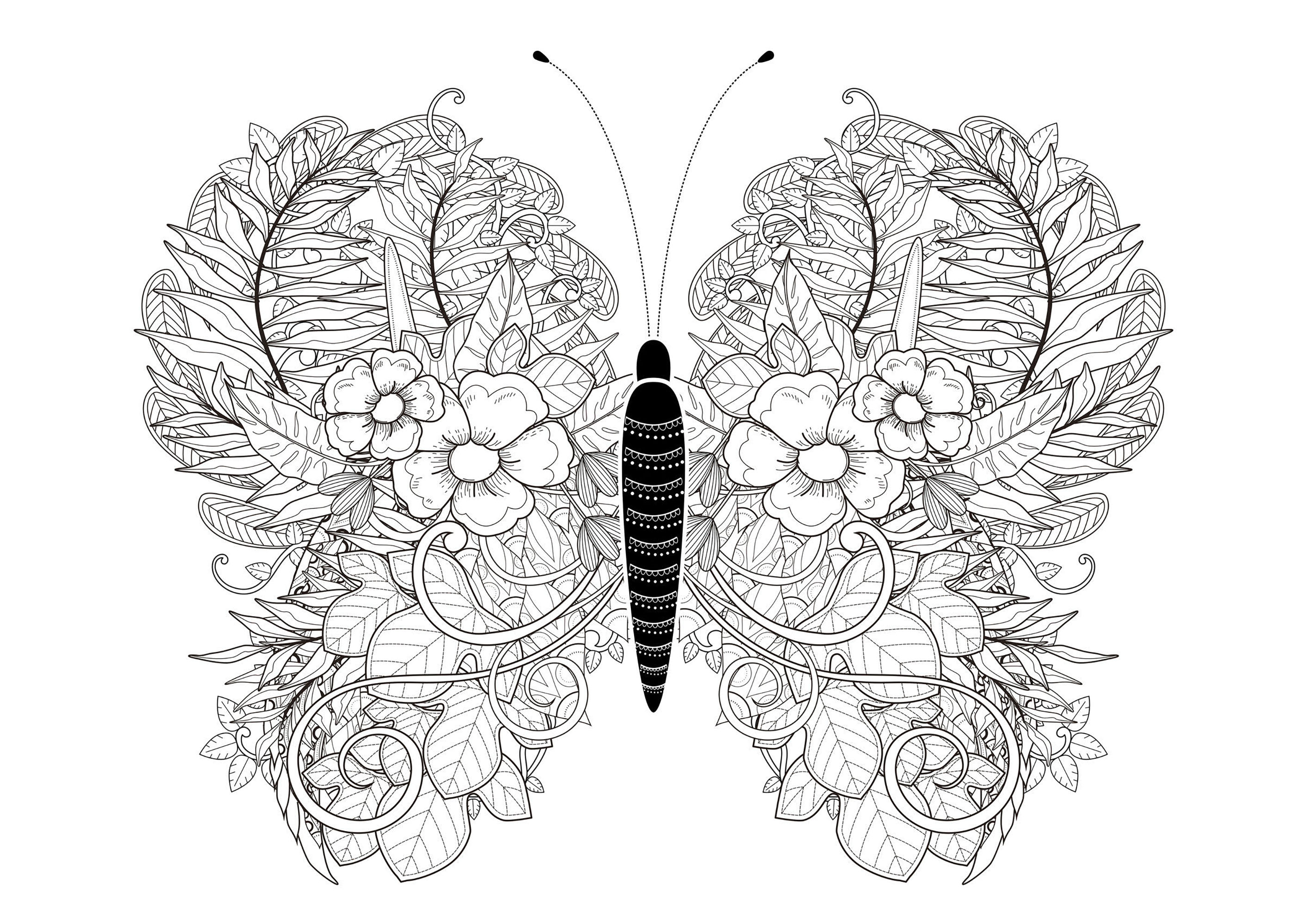 Les ailes de ce papillon sont dessinées avec des fleurs et des feuilles, Source : 123rf   Artiste : Kchung