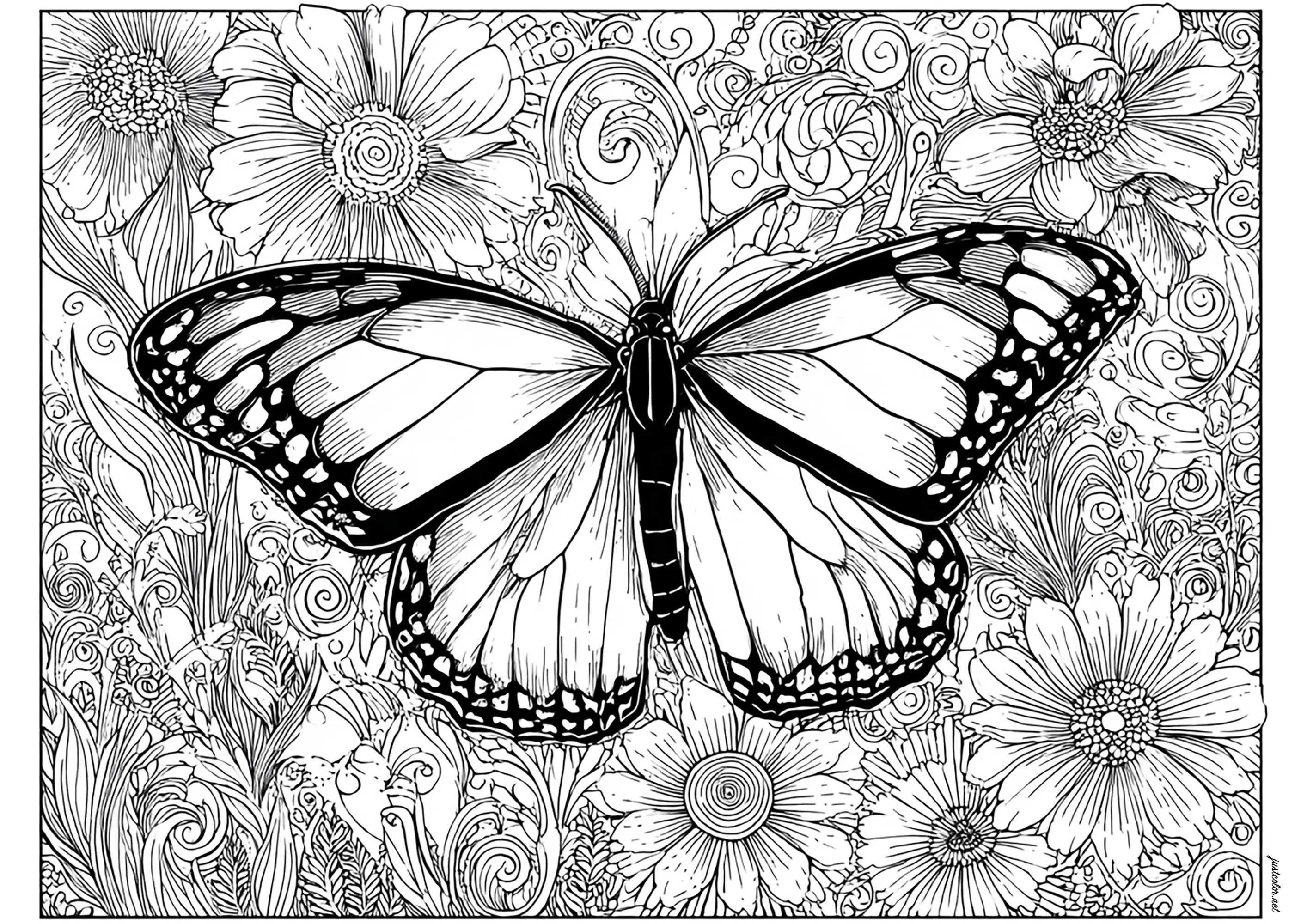 Papillon majestueux et belles fleurs (Coloriage de Papillons & insectes à imprimer pour adultes)