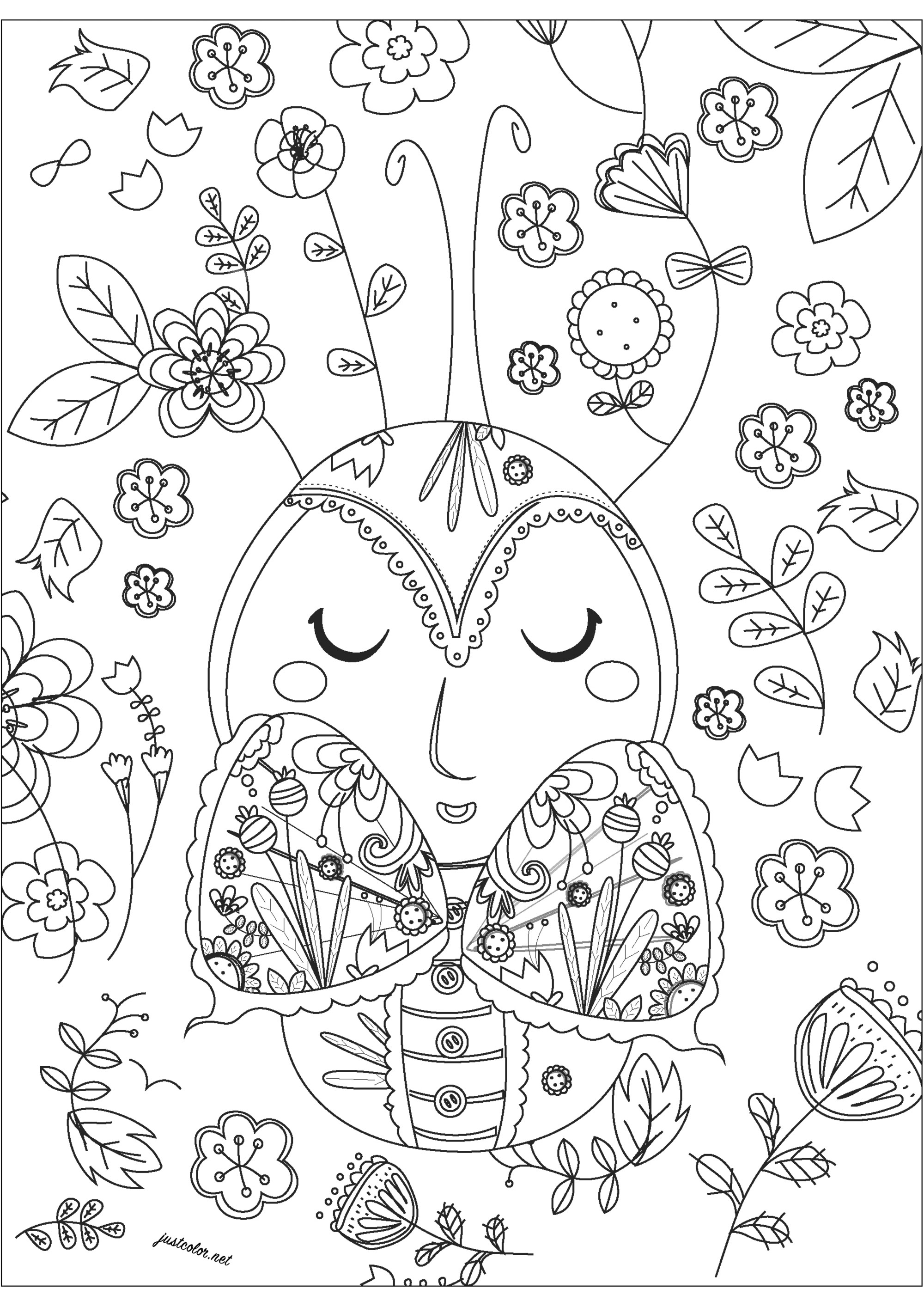 Papillon avec un grand corps et de petites ailes, avec des jolies fleurs autour. Un coloriage assez simple mais plein de jolis détails riches et variés. Un moyen parfait pour prendre du temps pour soi et s'évader de la routine de la vie quotidienne, Artiste : Gaelle Picard