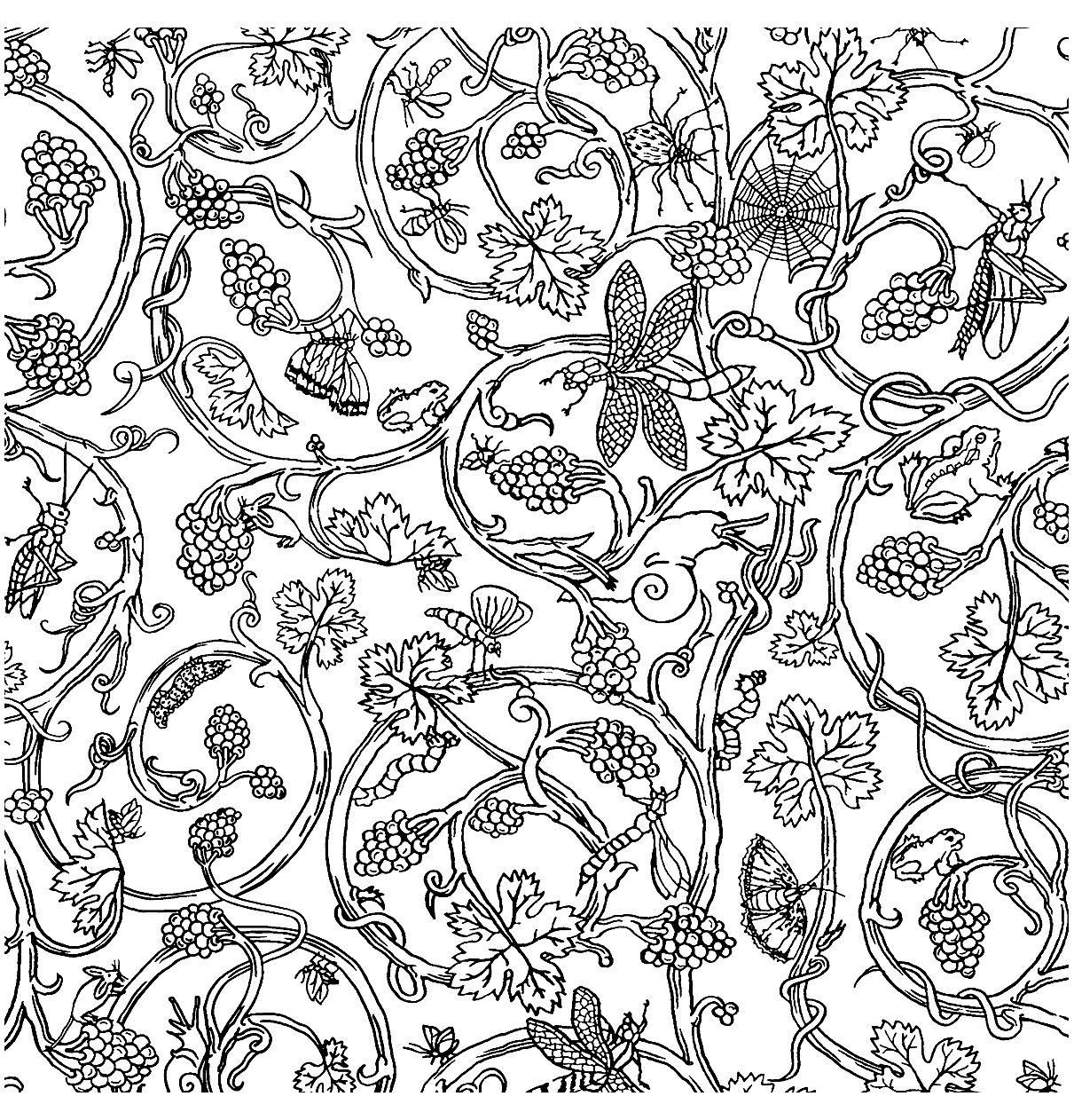 Motifs de type tapisserie très Vintage, avec plusieurs insectes et animaux cachés dans ces branches et feuillages. Au final, un coloriage adulte qui sera certainement agréable à décorer