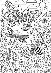 Papillon monarque et libellule dans un jardin fleuri
