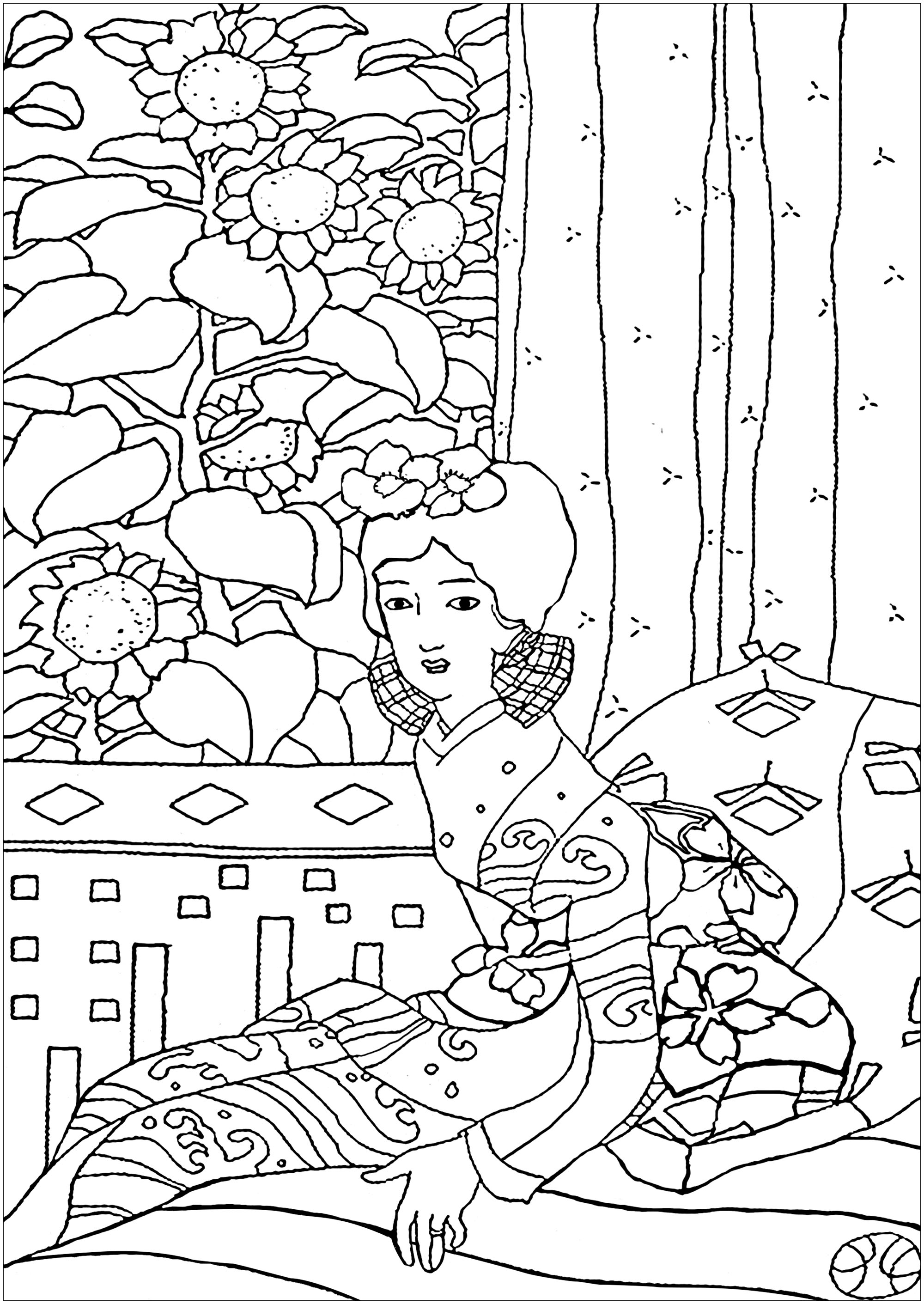 Coloriage réalisé à partir d'un tableau représentant une Geisha, par l'artiste japonais Yumeji Takehisa (1884 - 1934), Artiste : Art'Isabelle