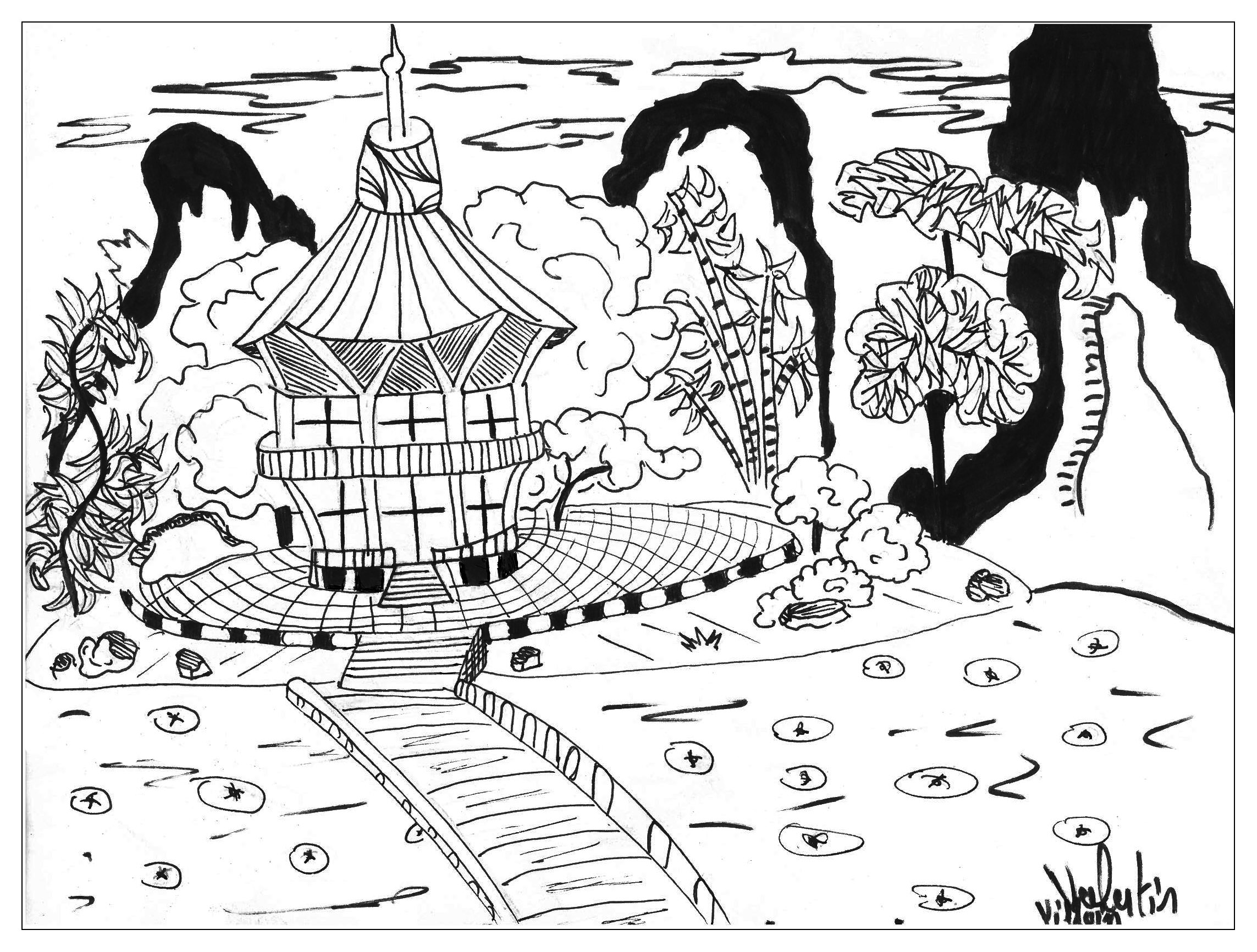 coloriage adulte dessin japon temple par valentin free to print
