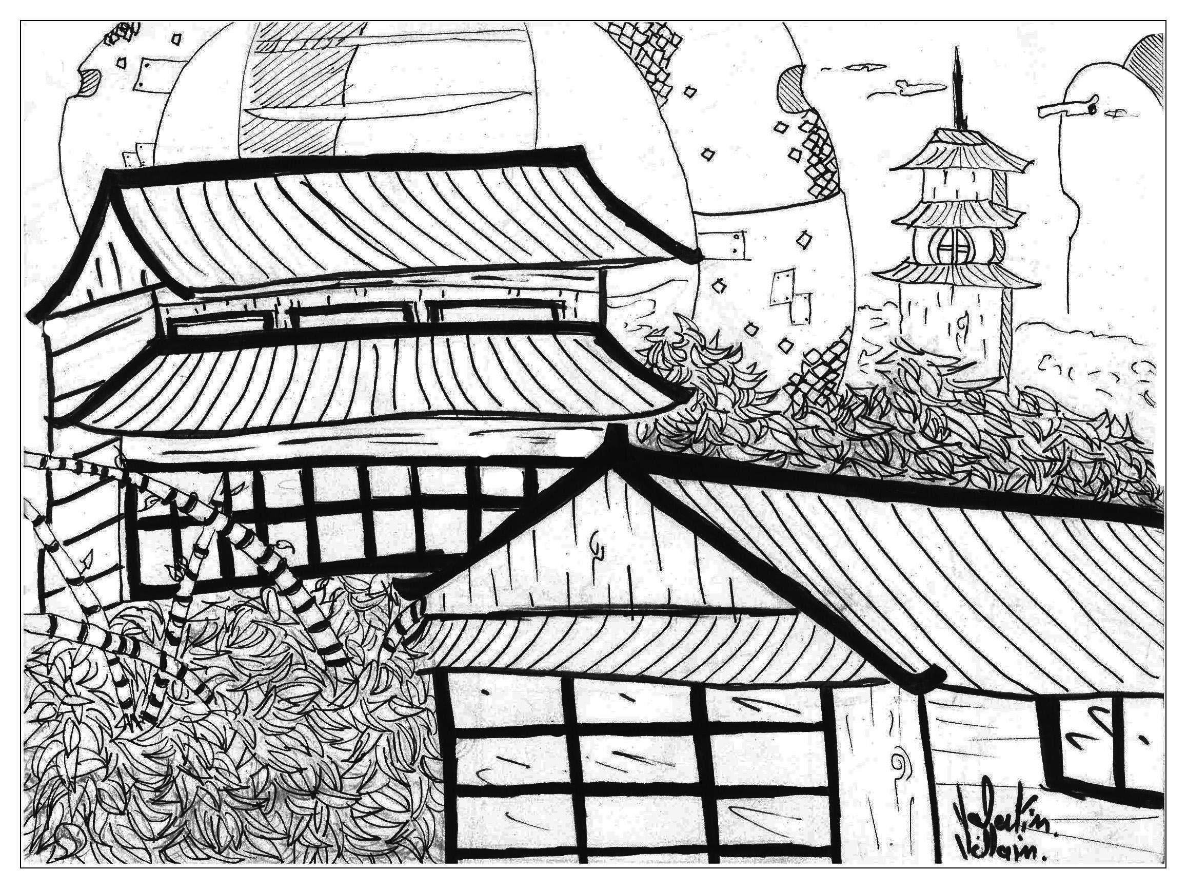 Des habitations japonaises dans le paysage, Artiste : Valentin