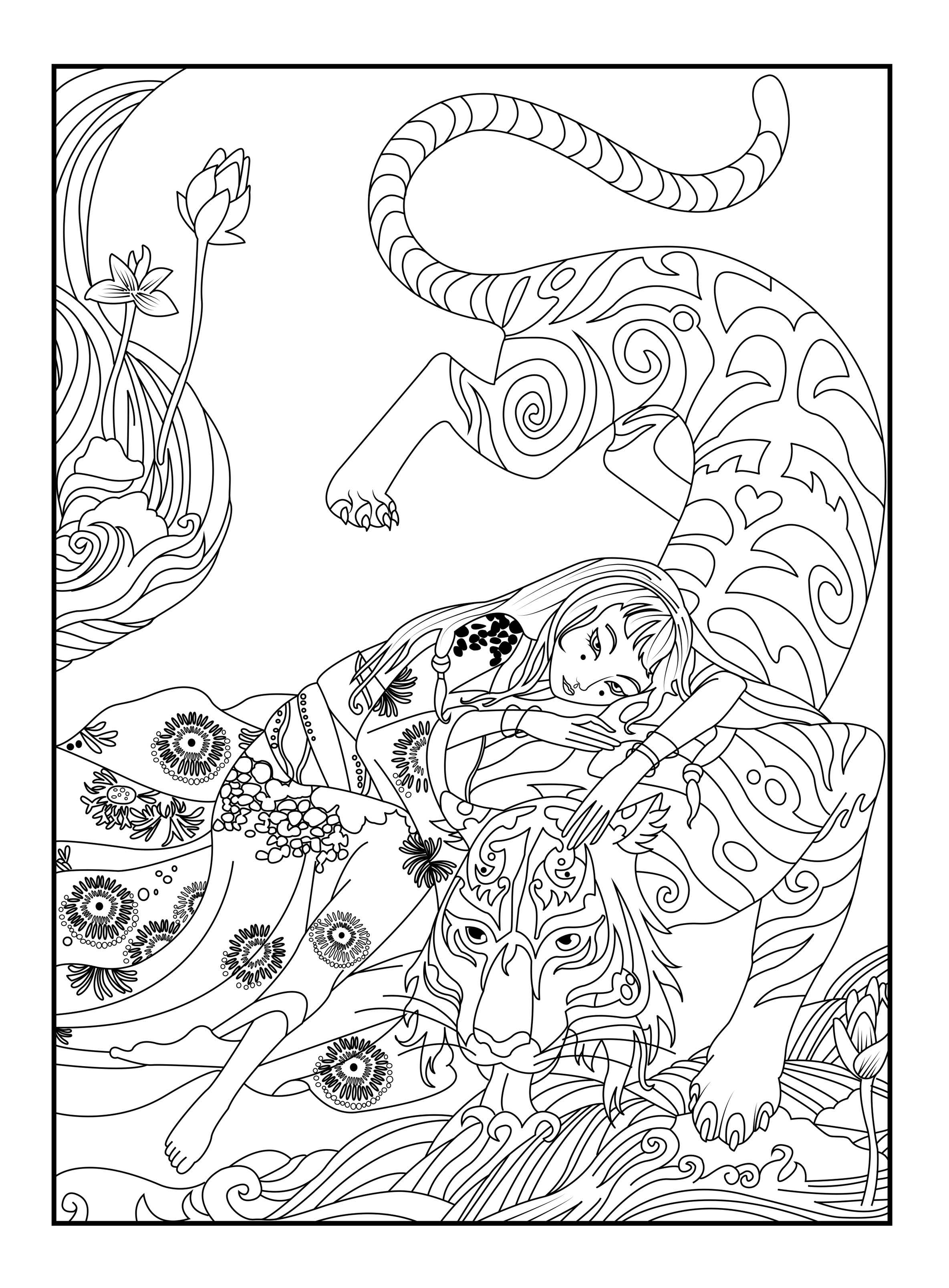 Voici le coloriage réalisé par Céline, mettant en avant un tigre et une japonaise, Artiste : Celine