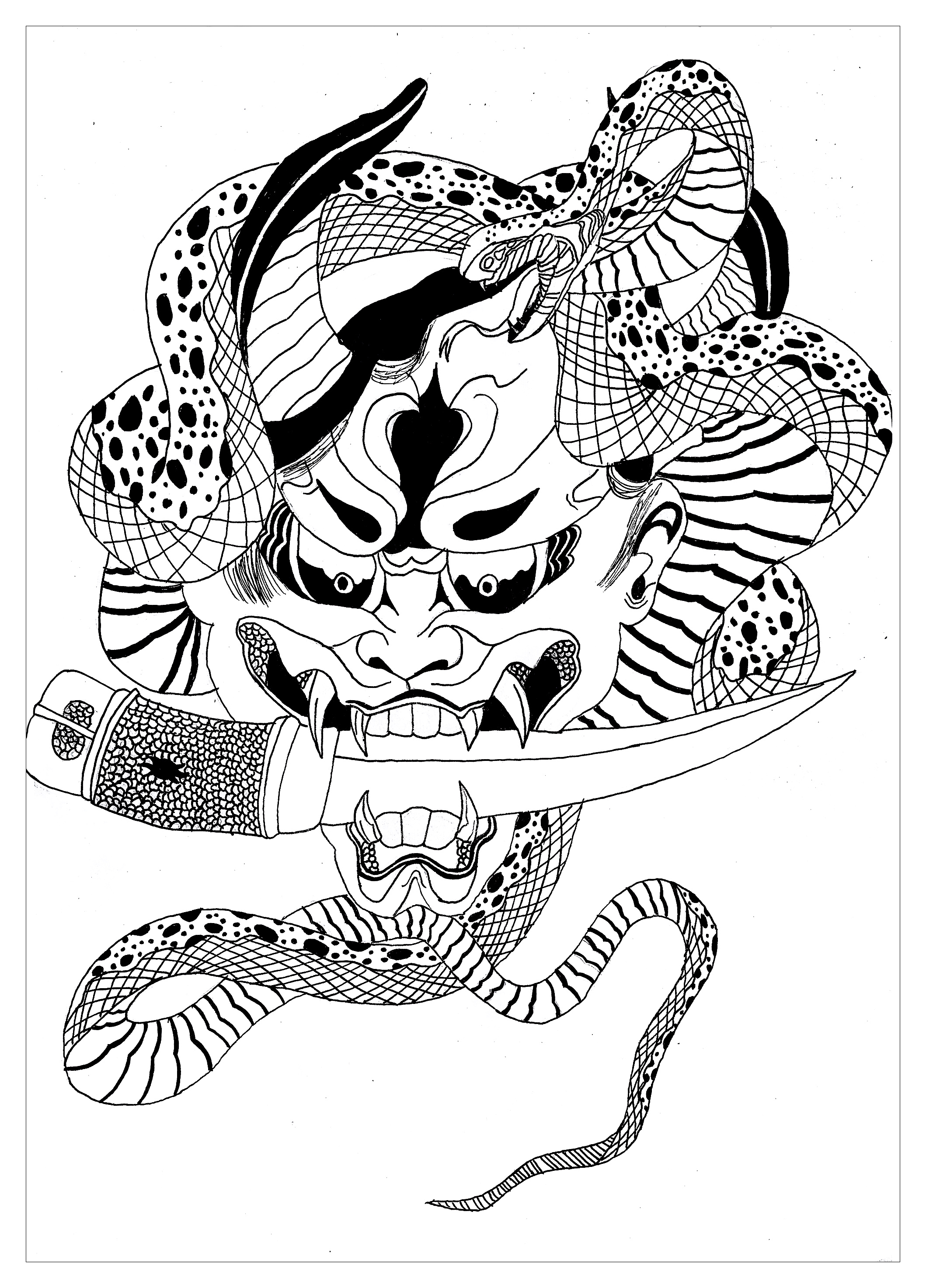 Coloriage d'un masque d'Hannya (un des démons japonais les plus connus dans le monde), Artiste : Krissy