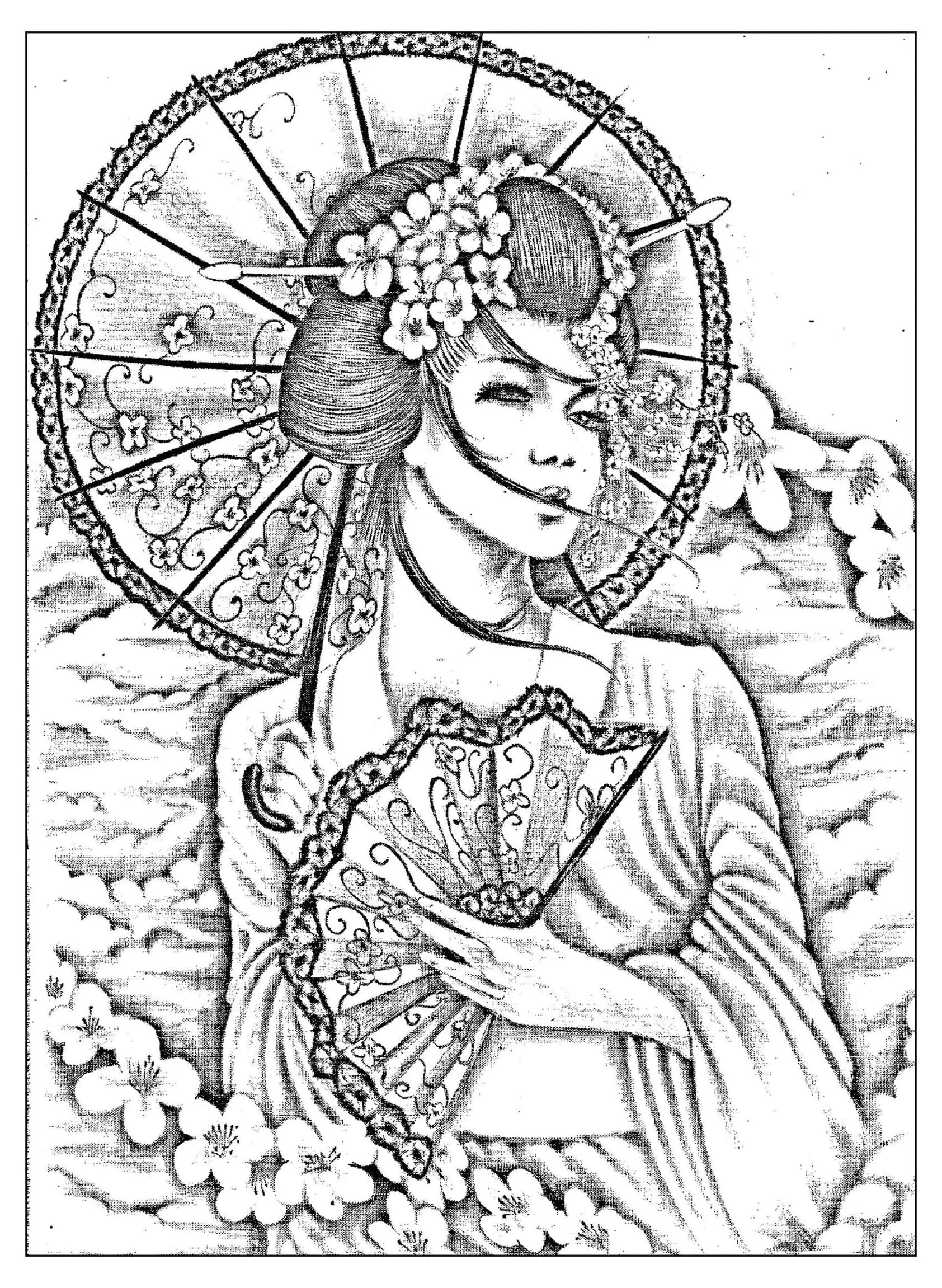 Geisha japonaise tatoo (Coloriage de Japon à imprimer pour adultes)