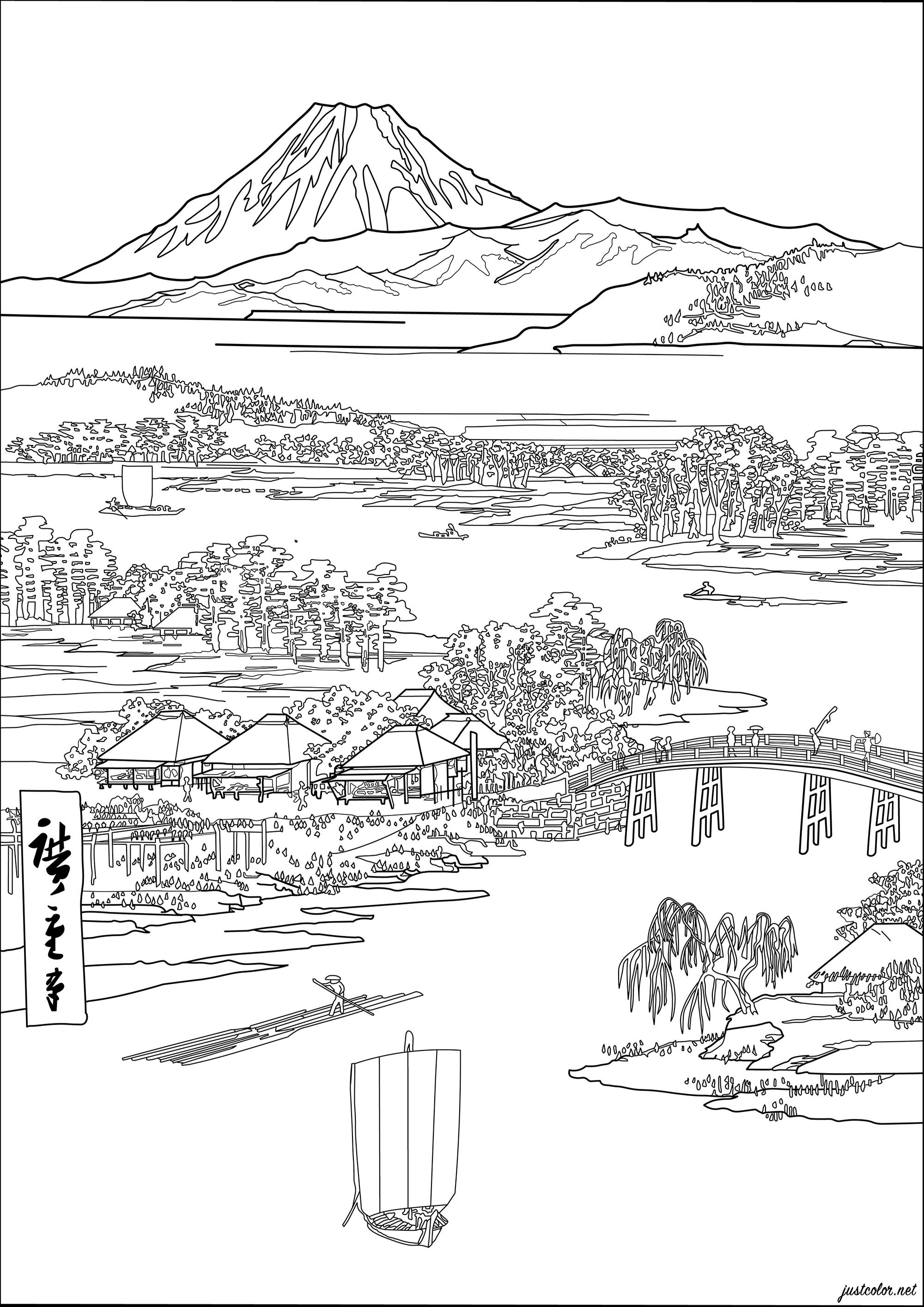 Coloriage créé à partir d'une estampe japonaise de Utagawa Hiroshige (1833). Cette estampe japonaise représente une scène japonaise classique, avec des maisons de style traditionnel et des montagnes en arrière-plan.Les couleurs originales sont douces et pastel, avec des teintes de bleu, de vert et de rose, Artiste : Morgan