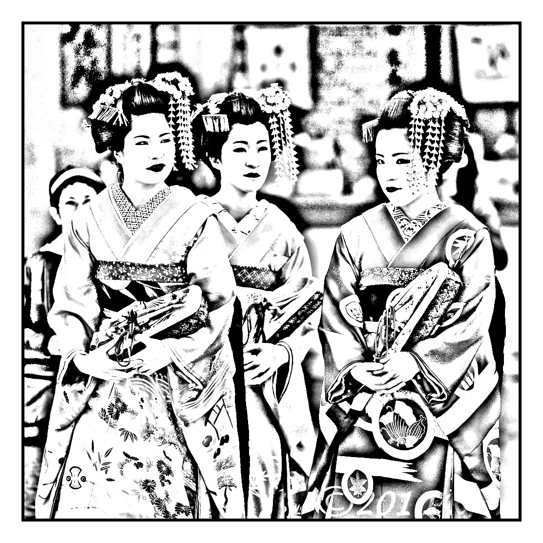 Coloriage original réalisé à partir d'une photographie de japonaises en tenue traditionnelle