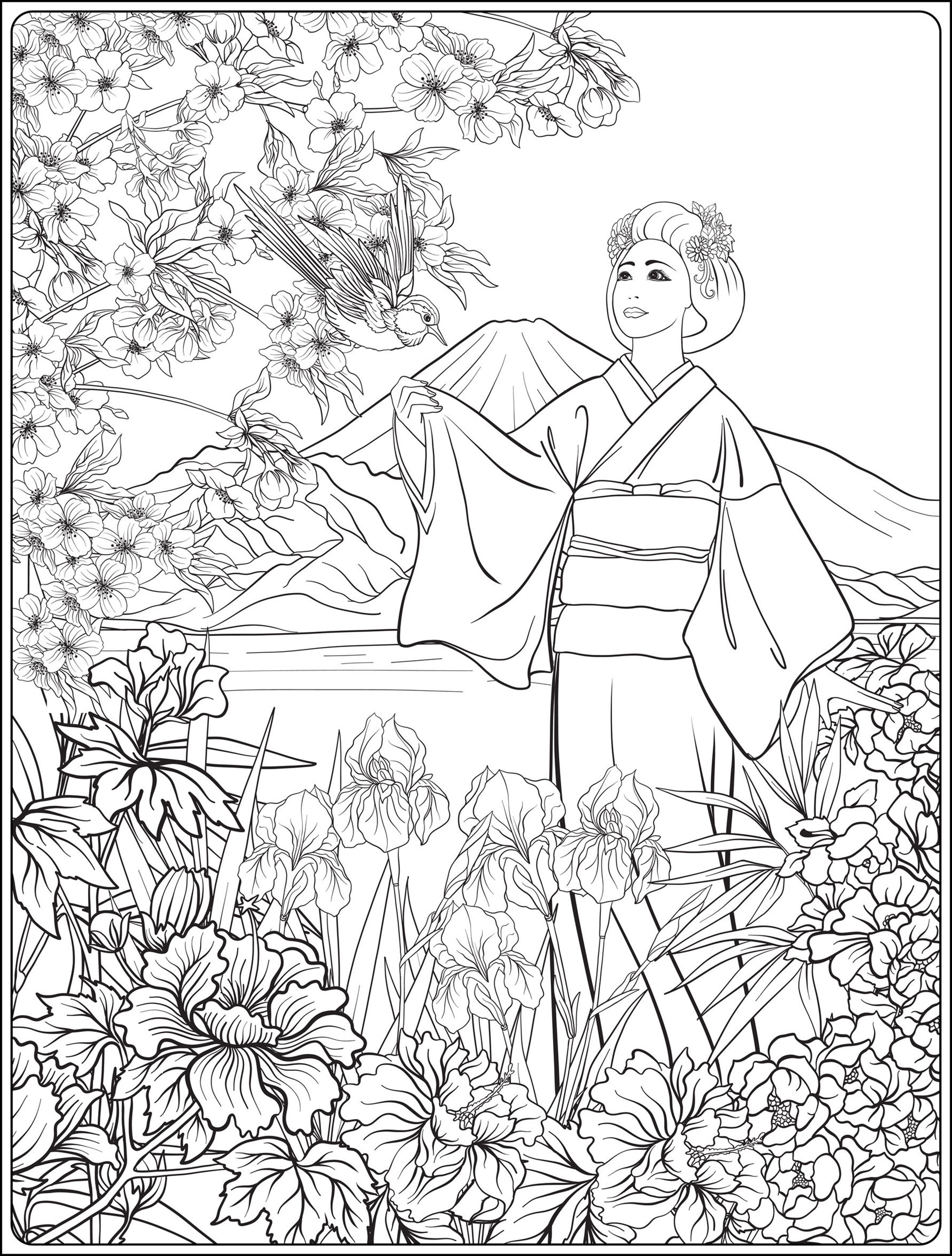 Paysage japonais avec Mont Fuji et mer, avec femme japonaise en kimino, fleurs de tradition et joli un oiseau. Ce coloriage 'Japonaise en kimono et Mont Fuji' est une véritable ode à la culture japonaise. On y voit une femme japonaise vêtue d'un kimono, debout sur un paysage japonais avec le Mont Fuji et la mer. Elle est entourée de fleurs traditionnelles et d'un joli oiseau, Artiste : Elena Besedina   Source : 123rf