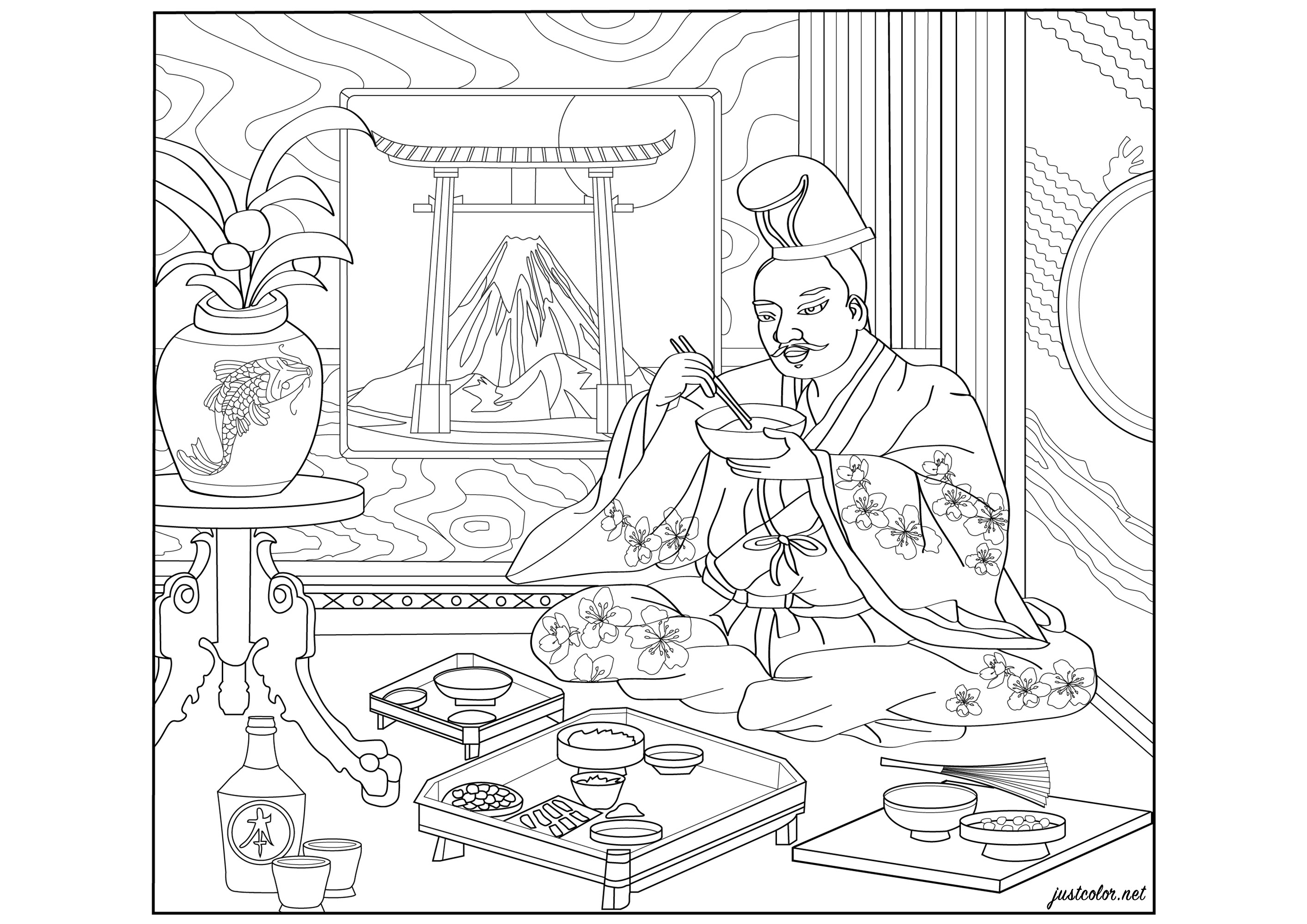 Coloriage créé à partir d'une illustration tirée du livre 'Des mérites comparés du saké et du riz (illustré par un rouleau japonais du XVIIe siècle)' (BnF, Diane de Selliers éditeur)