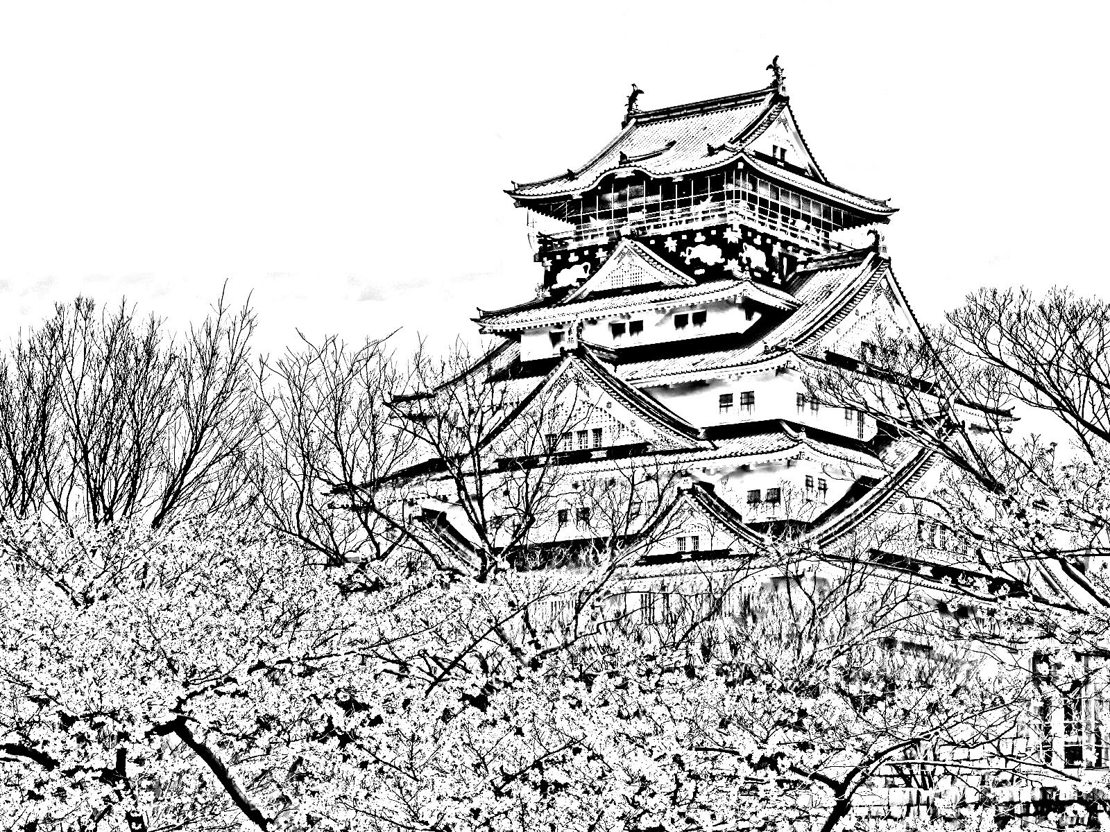 Vue d'ensemble du temple et des cerisiers japonais