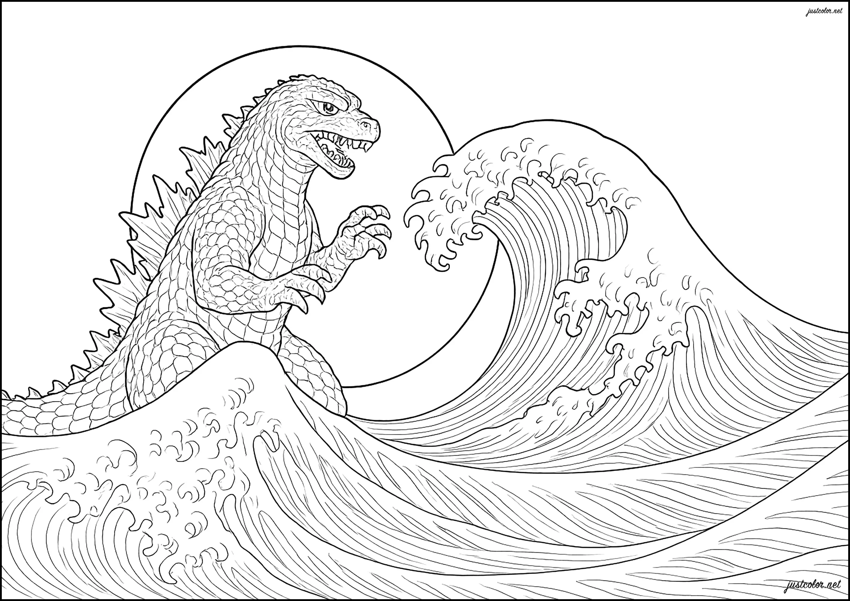 La Grande Vague de Kanagawa et Godzilla (Coloriage de Japon à imprimer pour adultes)