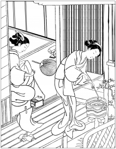 Coloriage japon deux femmes dans une veranda