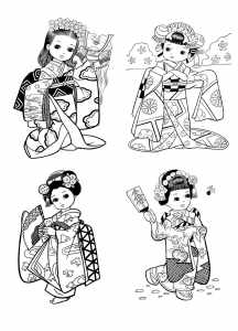 Coloriage petites japonaises style enfantin