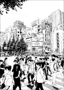 Quartier Akihabara : Foule animée au cœur de Tokyo (Coloriage de Japon)