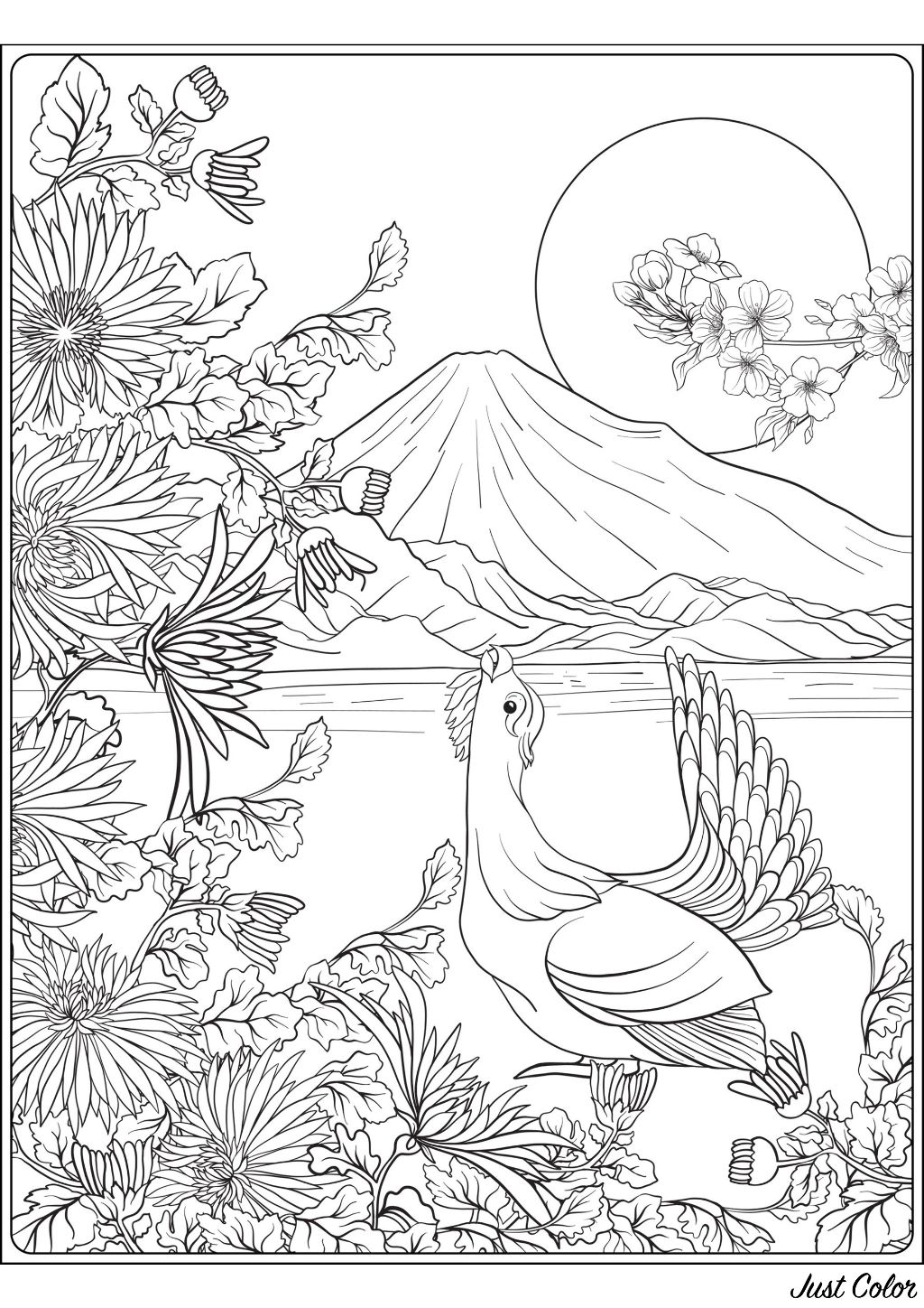 Un superbe coloriage sur le thème du Japon, avec un oiseau, le Mont Fuji, et un premier plan rempli de jolies plantes et fleurs