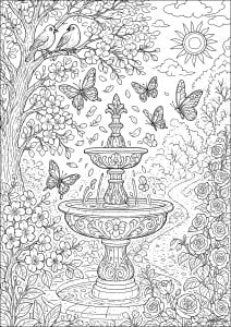 Fontaine enchantée dans un jardin féerique (Coloriage de Jardins merveilleux)