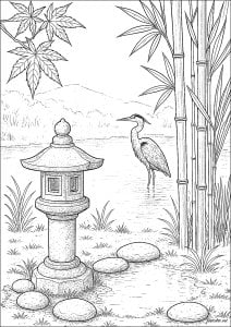 Jardin Japonais Traditionnel près d'un Étang (Coloriage de Jardins merveilleux)