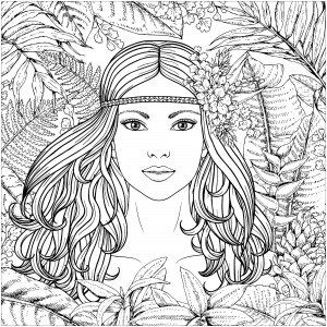 Coloriage de Jungle et Forêt à imprimer pour adultes : Potrait-femme-de-la-foret