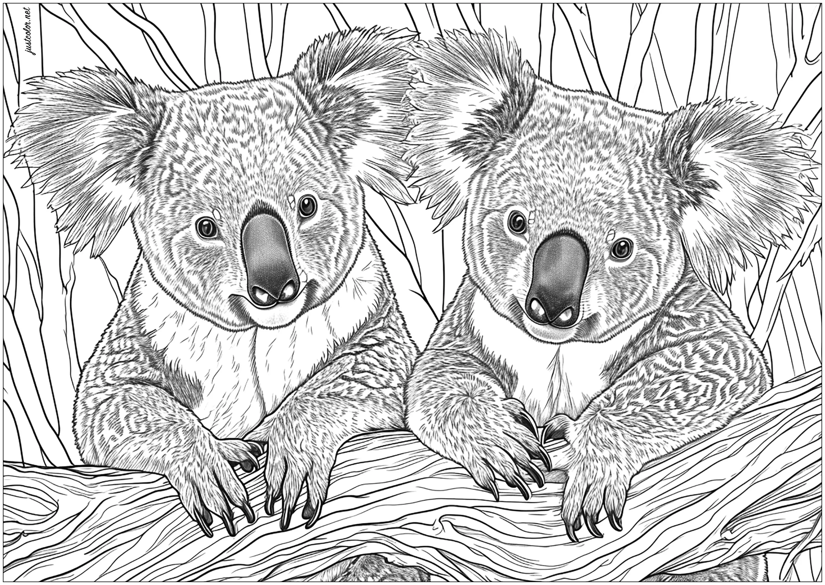Deux beaux koalas appuyés sur une branche d'arbre (Coloriage à imprimer pour adultes)