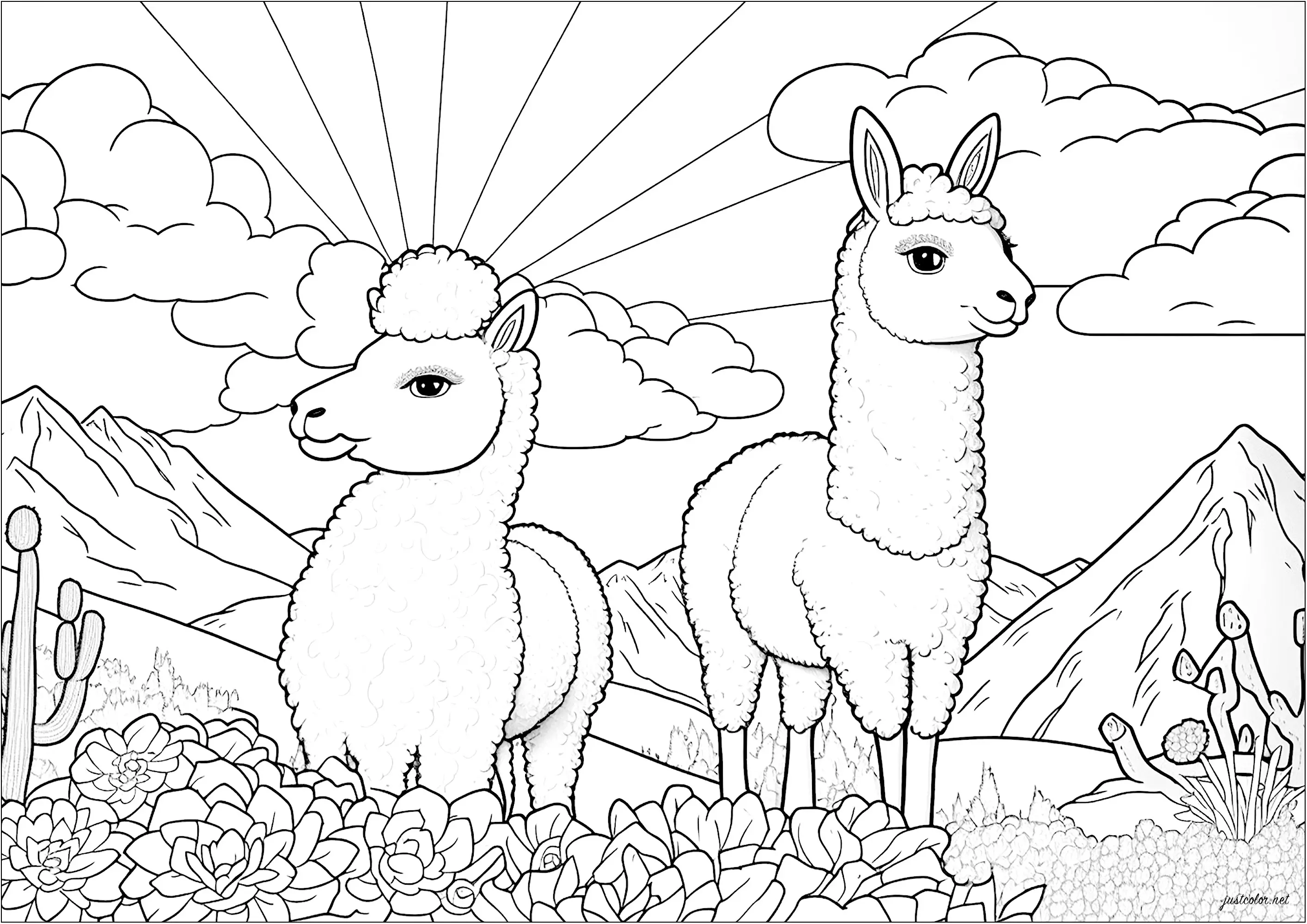 Lamas dans un champs fleuri (Coloriage à imprimer pour adultes)