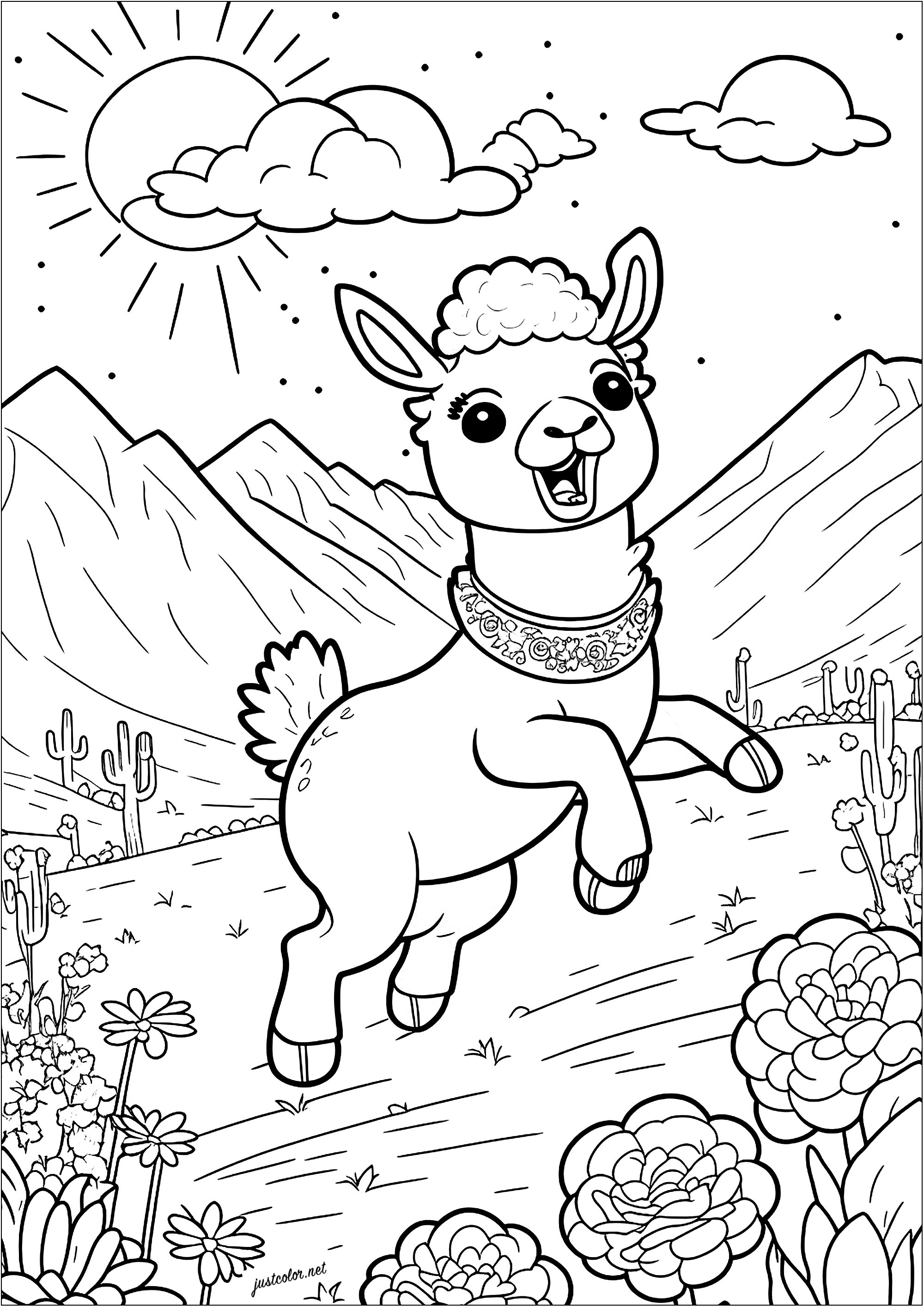 Coloriage d'un jeune lama sautant dans un paysage montagneux et fleuri. Les longues oreilles de ce jeune lama sont dressées vers le ciel, et ses grands yeux brillent d'excitation. N'oubliez pas de colorier les cactus qui sont au pied des montagnes, ainsi que les jolies fleurs en premier plan.