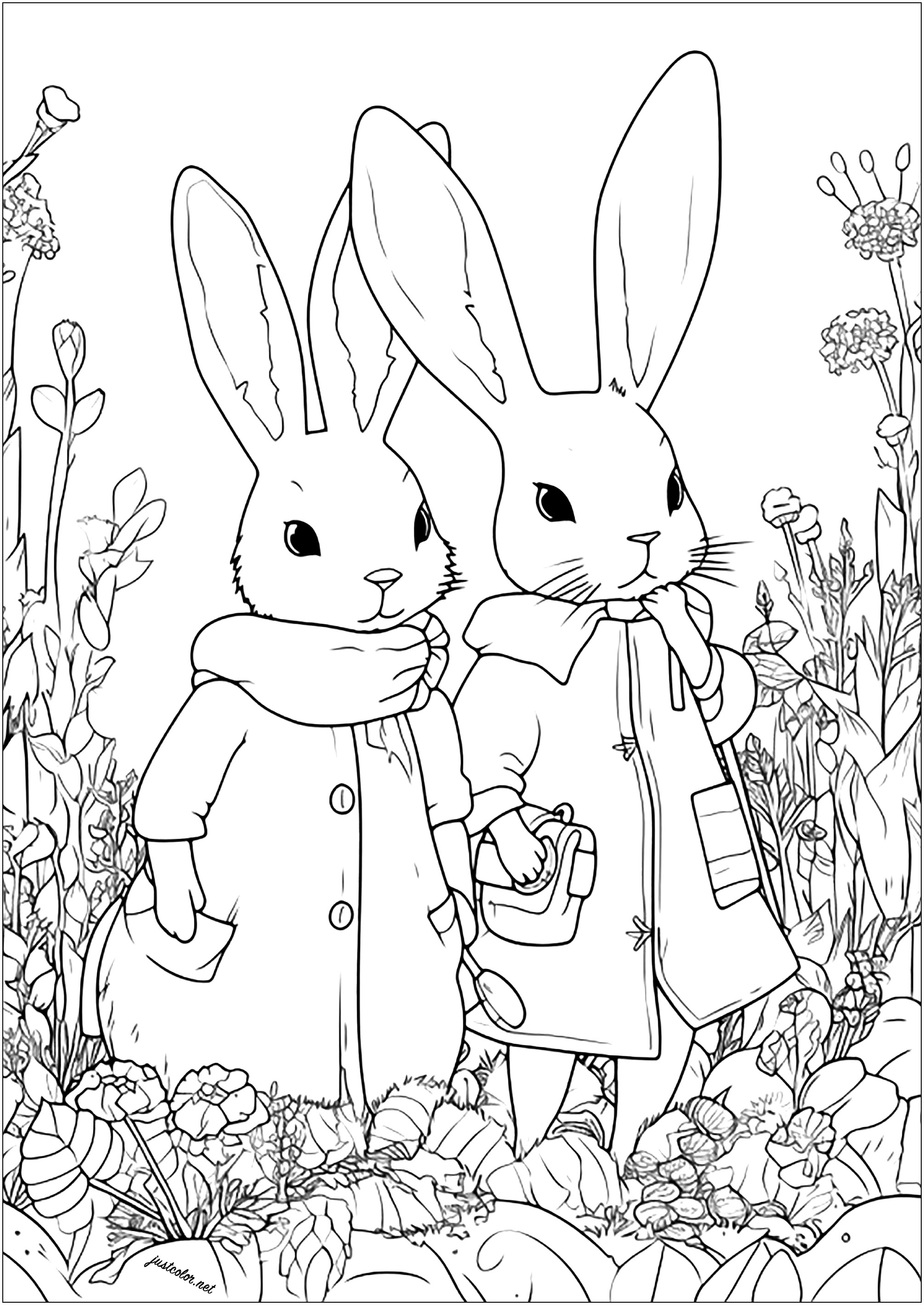 Deux lapins aventuriers dans un champ de fleurs. Lapins dessinés avec un style unique, semblant prêts pour partir vers une aventure ...
