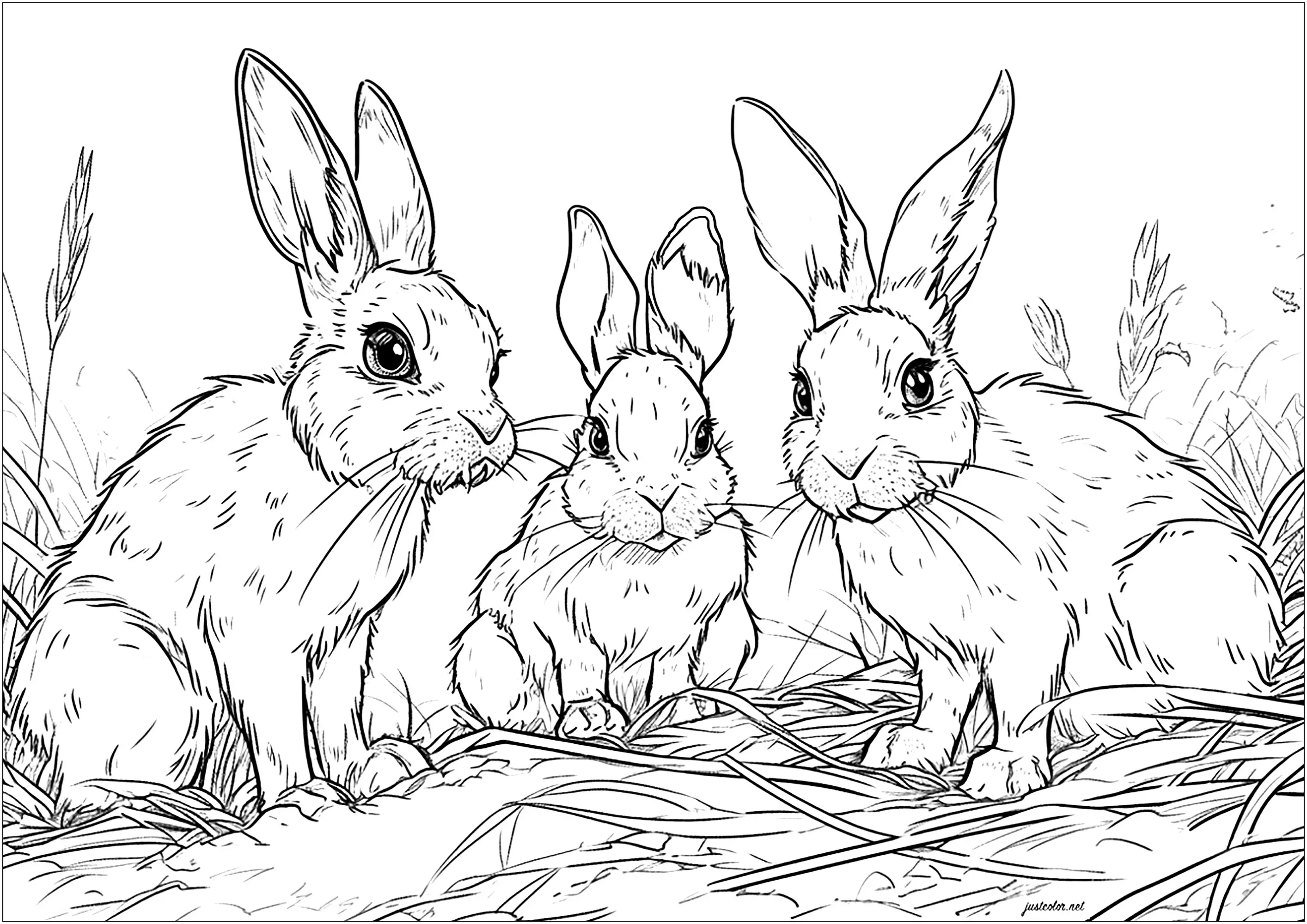 Trois jolis lapins sur de la paille (Coloriage à imprimer pour adultes)