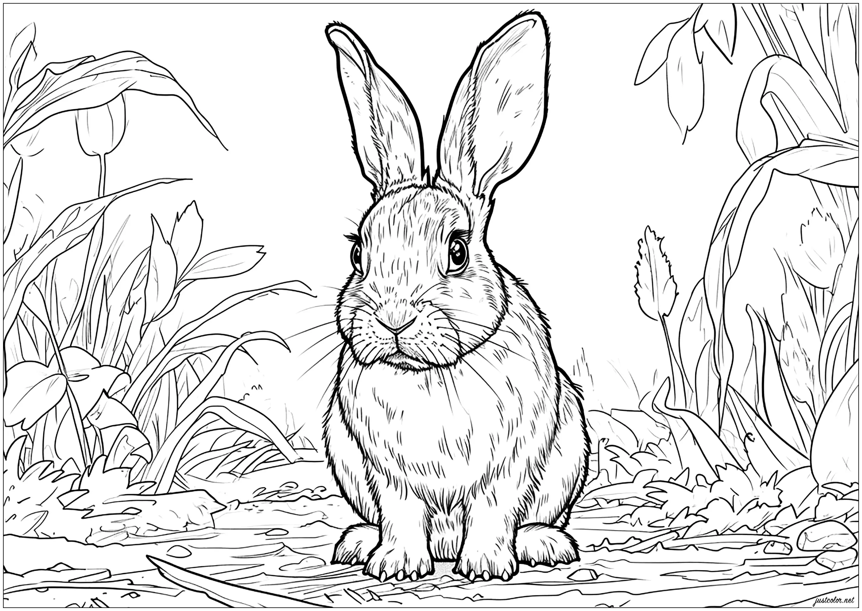 Petit lapin au milieu d'une jolie végétation (Coloriage à imprimer pour adultes)