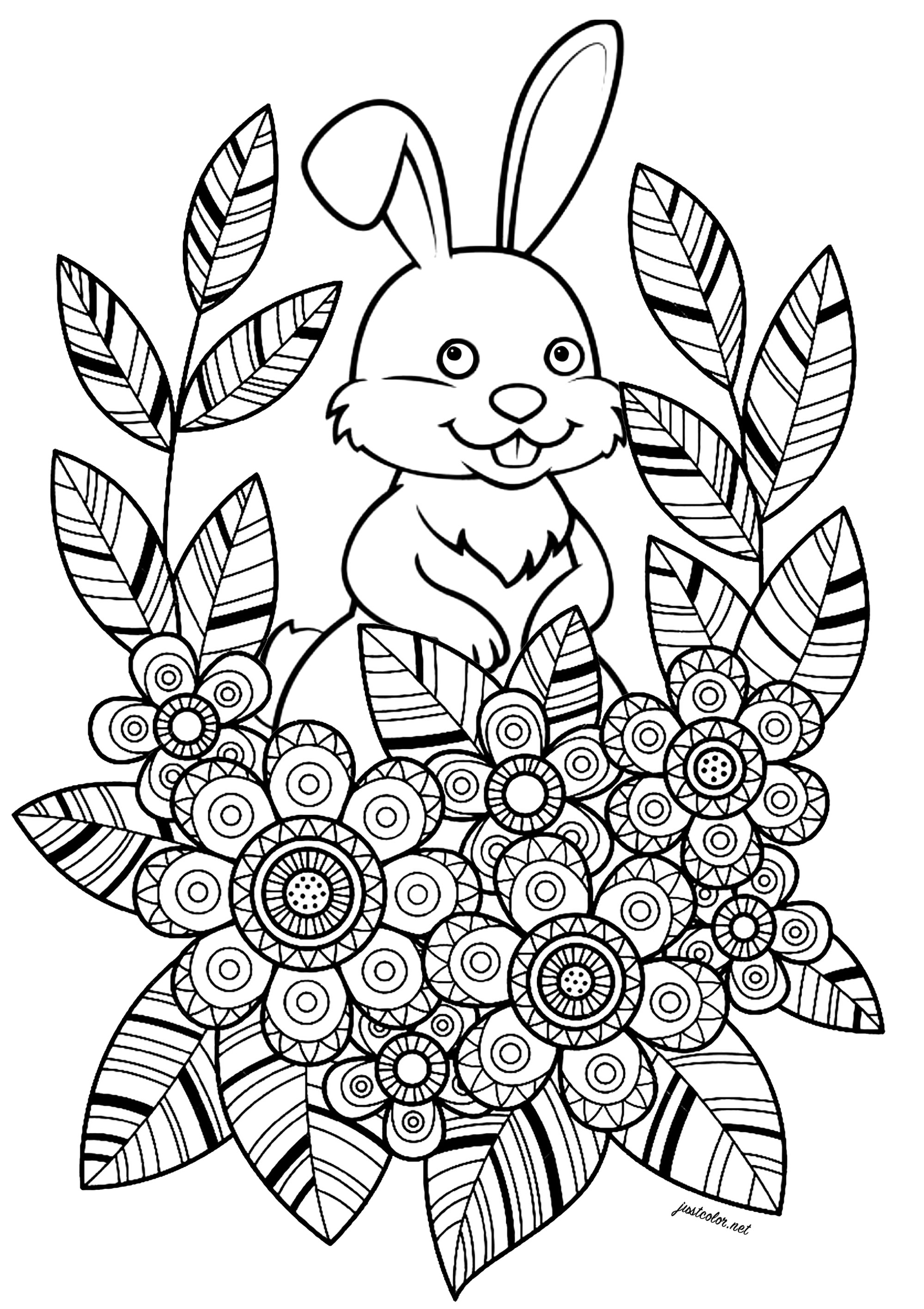 Lapin avec fleurs et feuilles à jolis motifs. Ce coloriage simple et charmant représente un lapin blanc qui se cache derrière des fleurs et des feuilles. Les fleurs et feuilles sont dessinées dans un style très adapté au coloriage, avec des zones bien délimitées et des jolis motifs