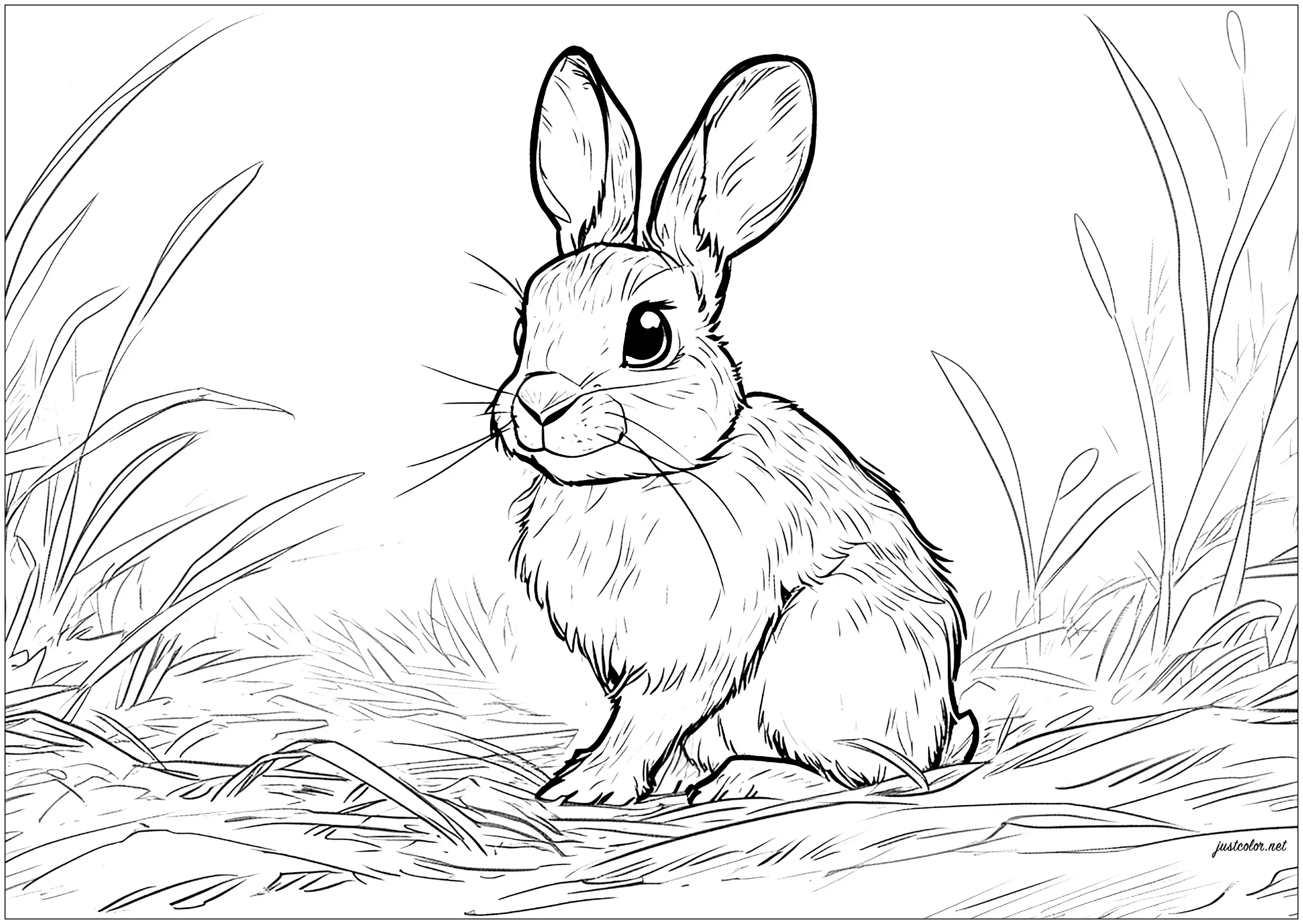 Joli petit lapin au milieu d'une simple végétation (Coloriage à imprimer pour adultes)