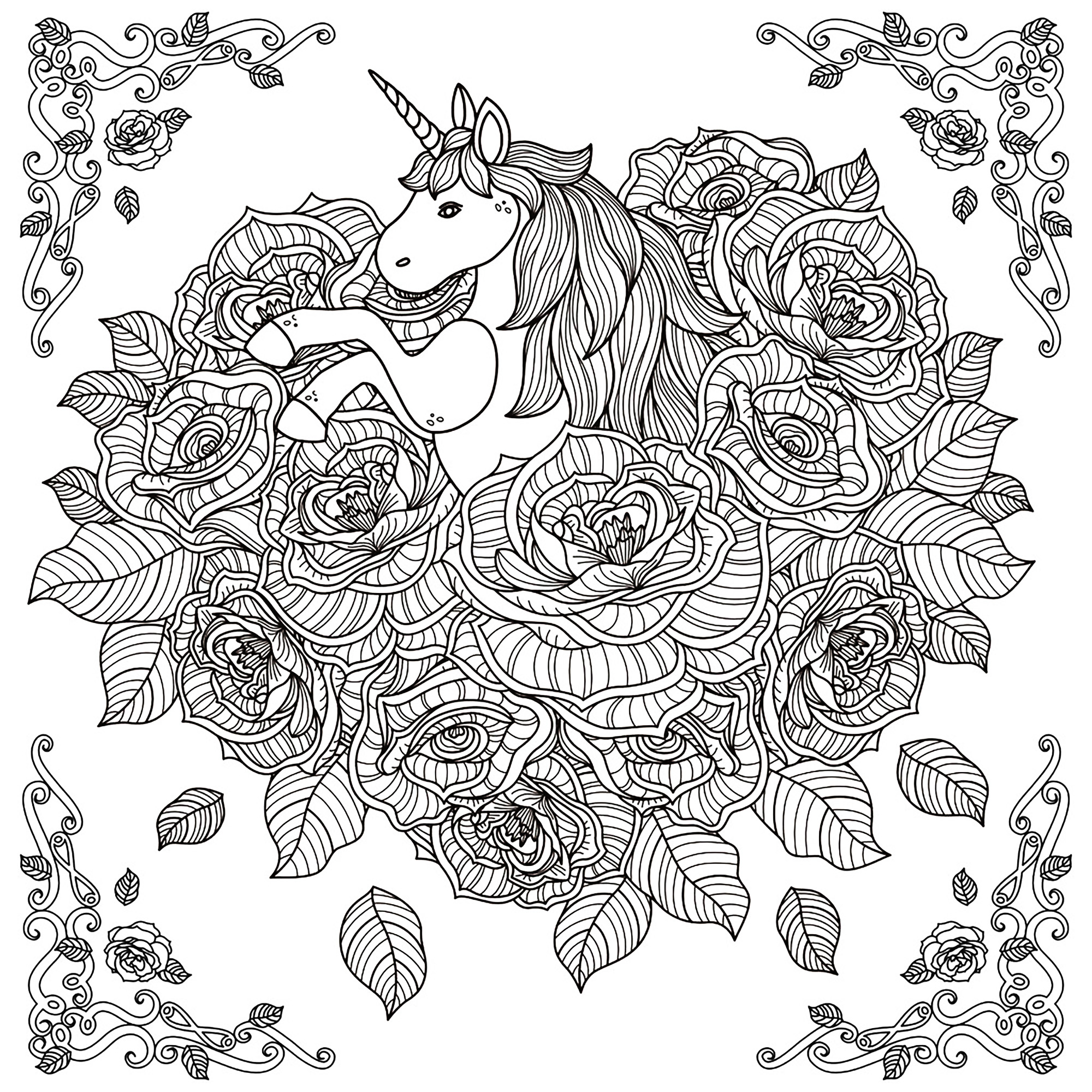 Magnifique licorne surgissant au milieu d'un amas de roses ... de quelle couleur ? à vous de décider, Artiste : Kchung   Source : 123rf