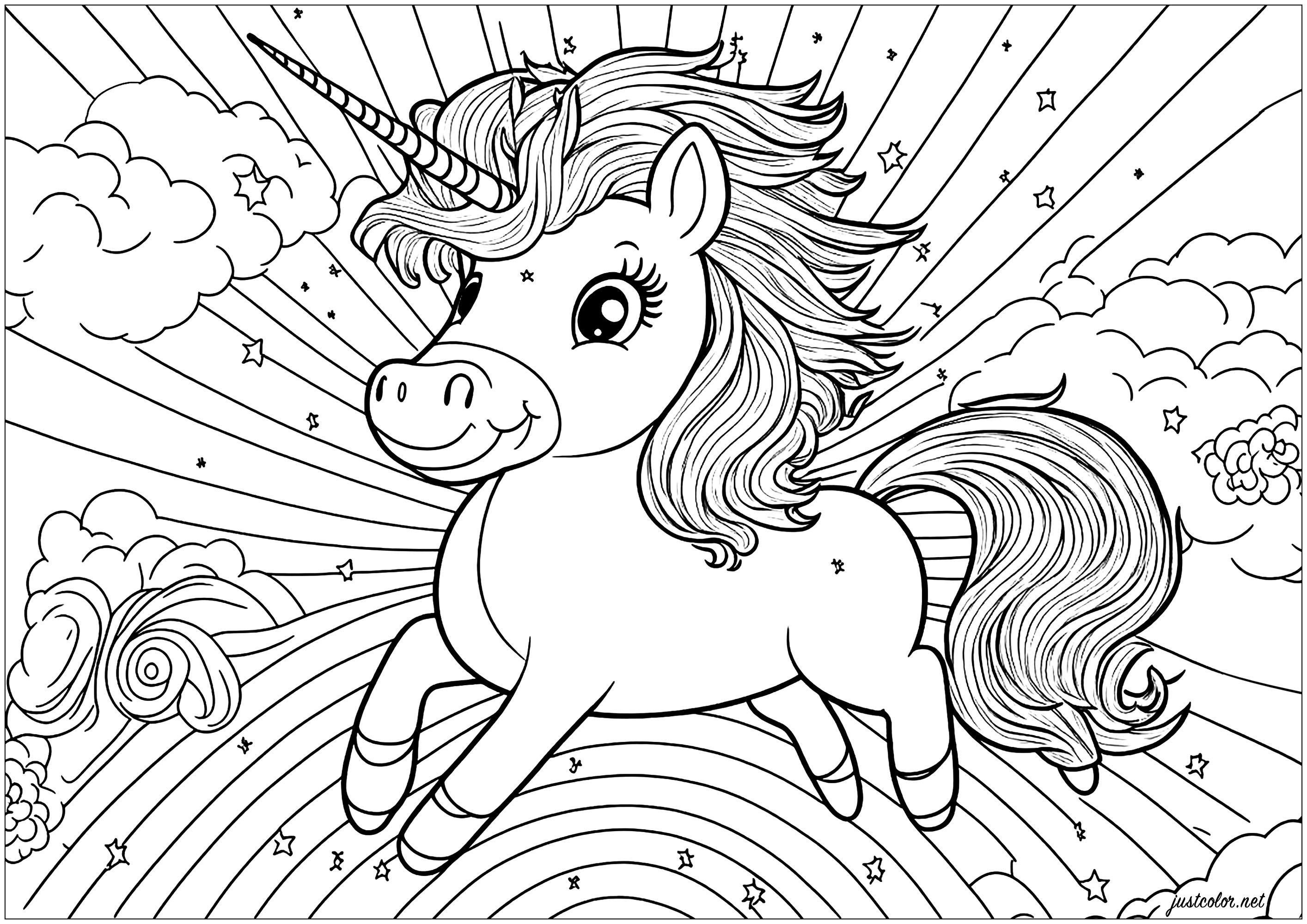 Licorne et arc-en-ciel - Coloriages de Licornes à imprimer pour adultes