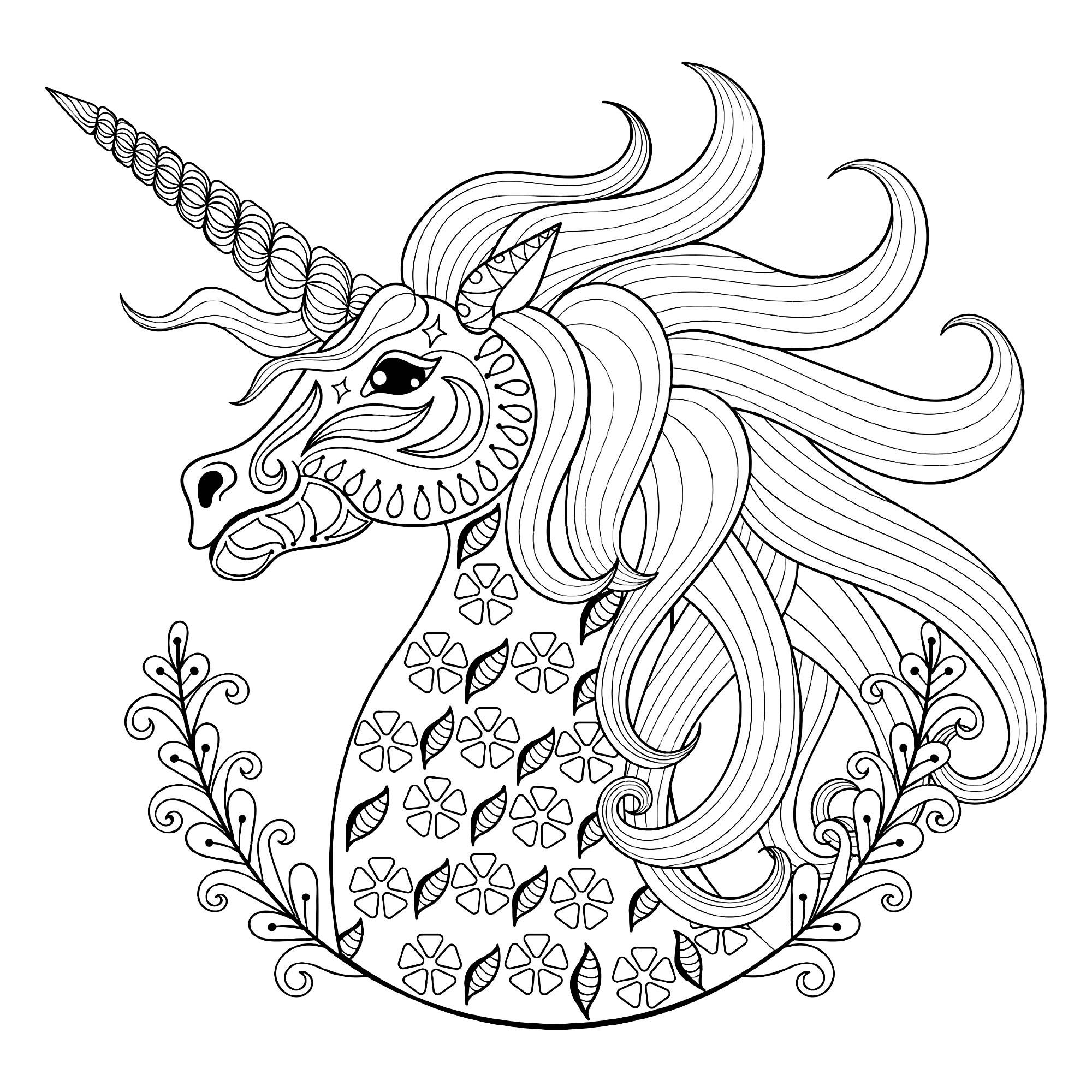 Tête de licorne : coloriage avec jolis motifs, Source : 123rf   Artiste : Ipanki
