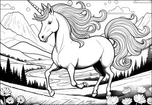 Coloriage de à imprimer pour adultes : Licorne en train de courir dans un paysage enchanteur