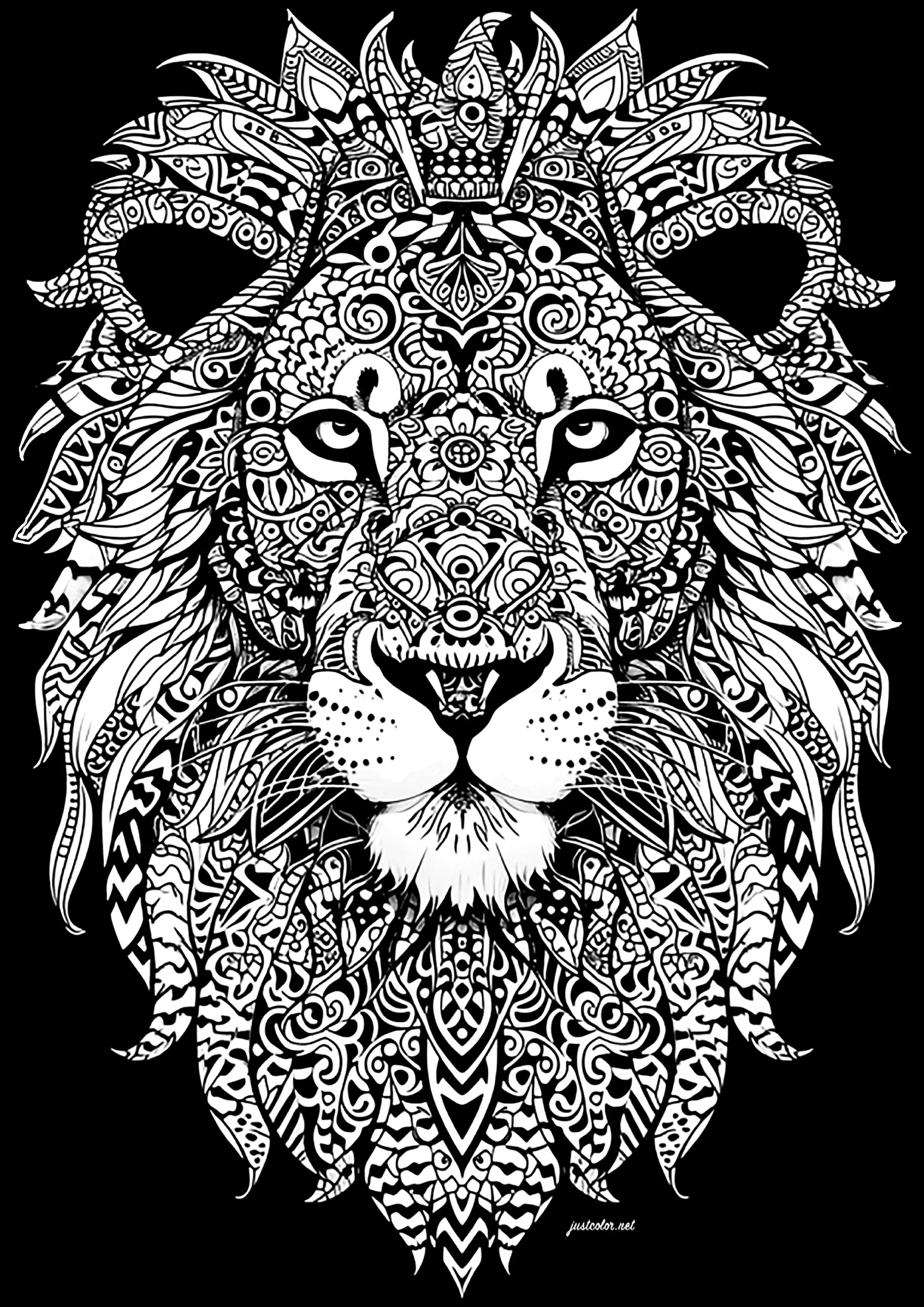 Incroyable tête de lion aux motifs minutieux, avec fond noir (Coloriage à imprimer pour adultes)