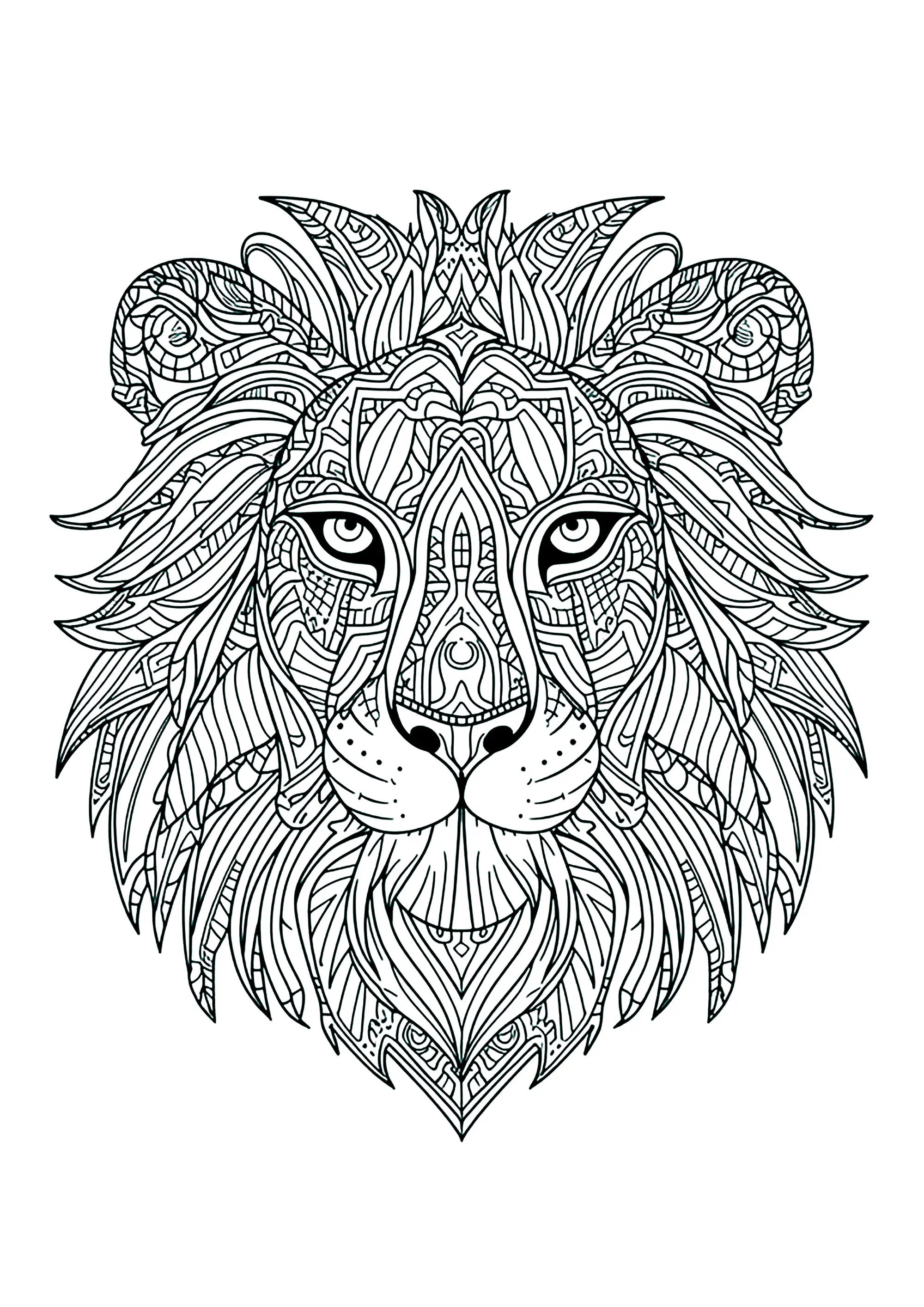 Tête de lion aux nombreux motifs complexes (Coloriage à imprimer pour adultes)