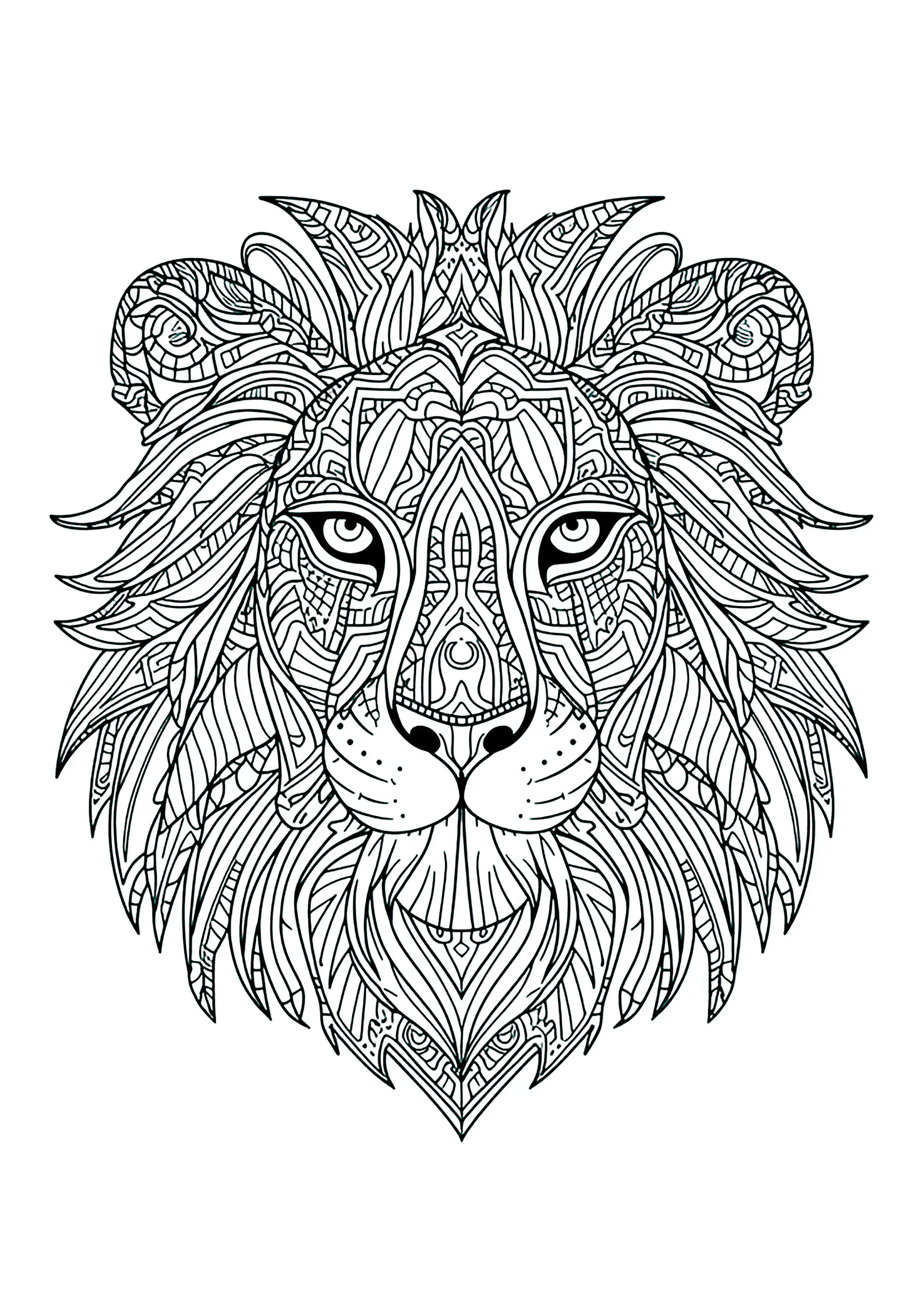 Magnifique tête de lion aux motifs complexes et harmonieux (Coloriage à imprimer pour adultes)